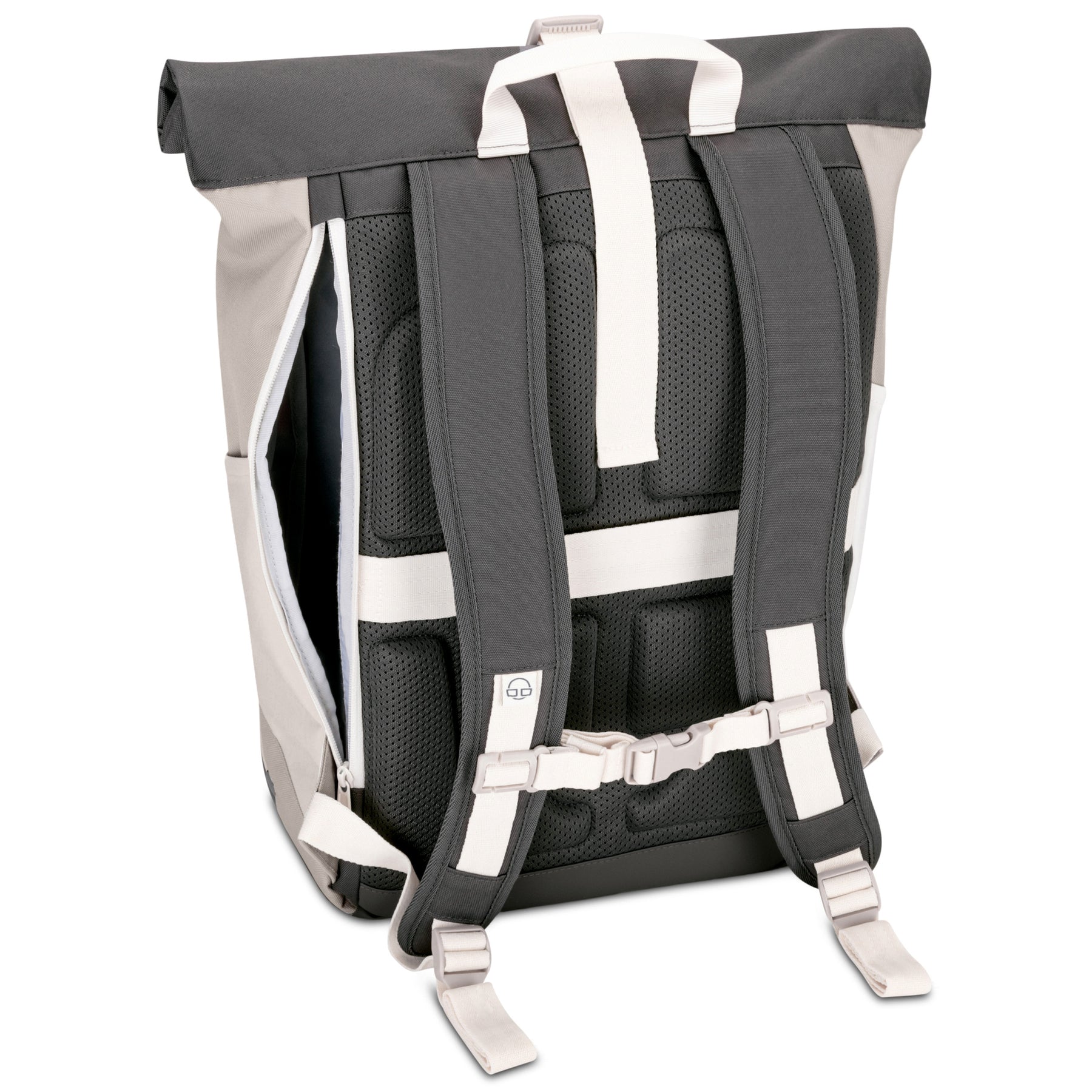 Rückseite des Rolltop Rucksacks Allen Medium in Grau mit gepolsterten Rücken- und Schultergurten