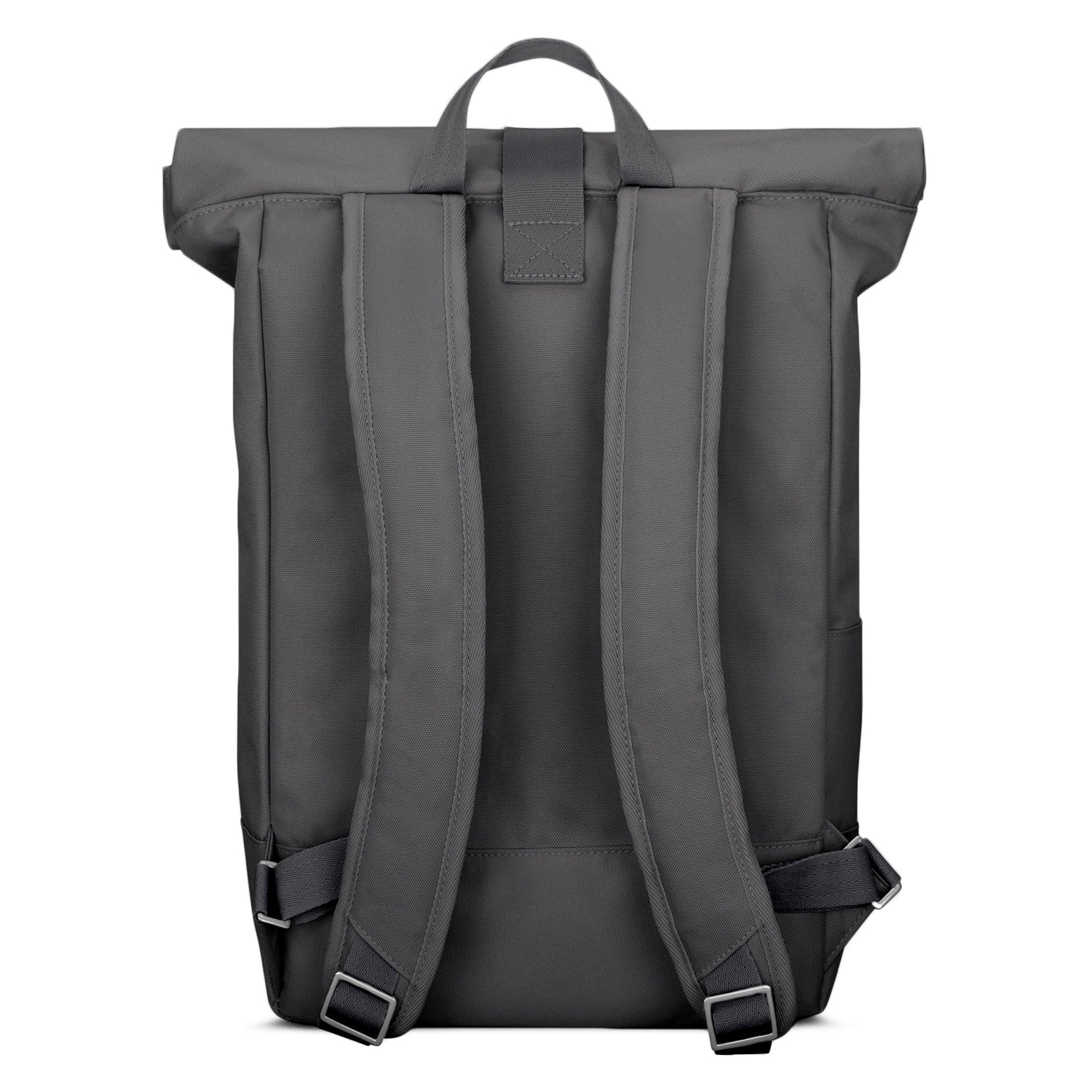 Rückansicht des dunkelgrauen Rolltop-Rucksacks 'Robin Medium' mit gepolsterten Schultergurten und Trageschlaufe