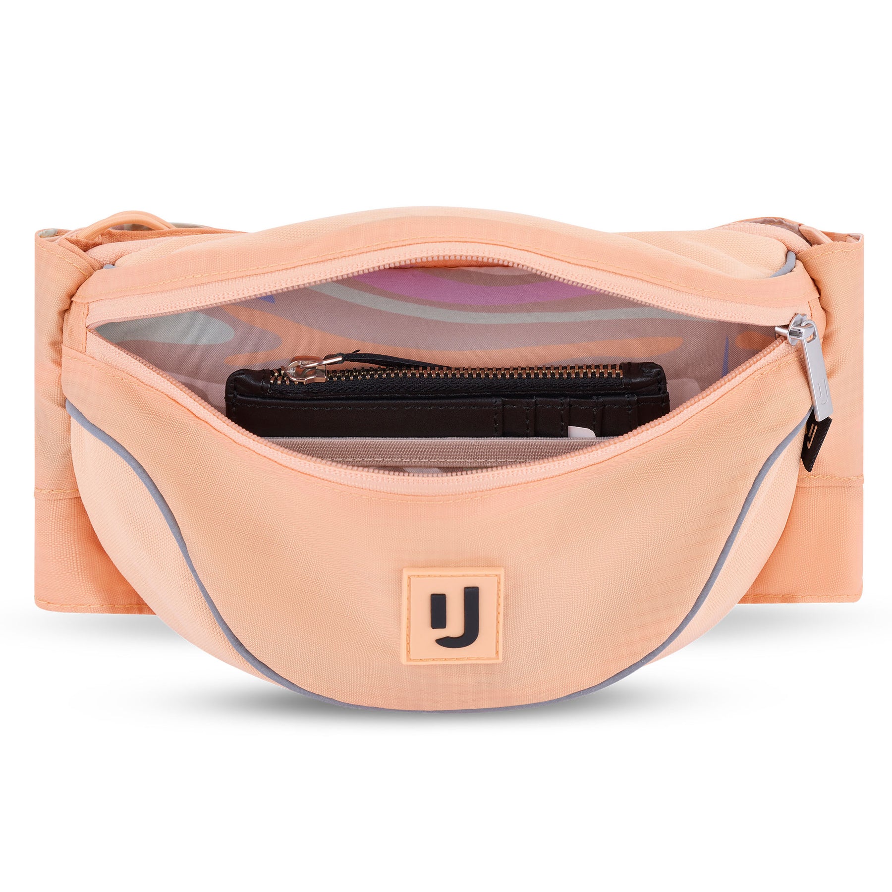 Pfirsichfarbene 2in1 Bauchtasche 'Jimmy' von Johnny Urban mit Reißverschluss offen und schwarzer Geldbörse innen