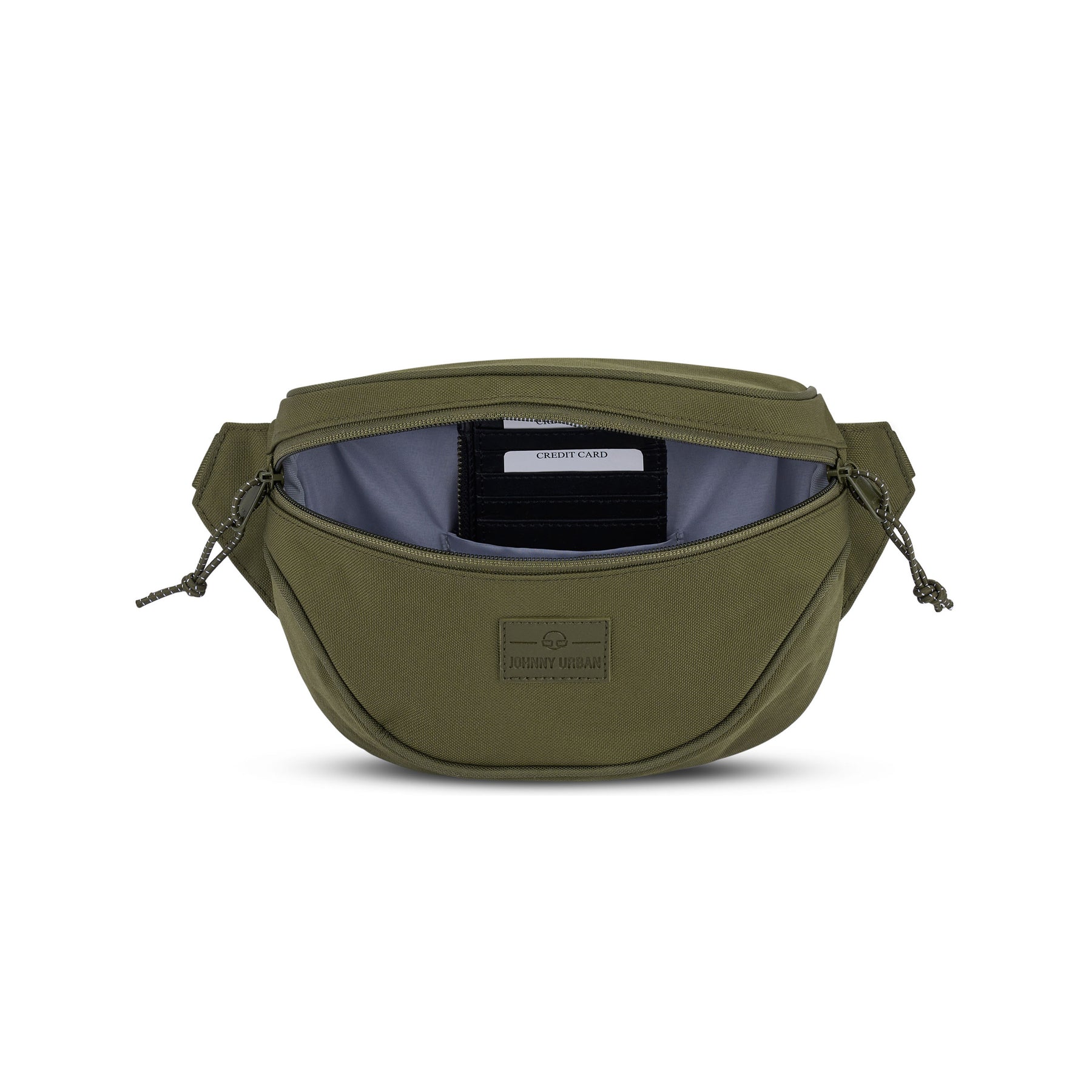 Olivegrüne Bauchtasche 'Ben' von Johnny Urban mit geöffnetem Hauptfach und Innenfach für Kreditkarten