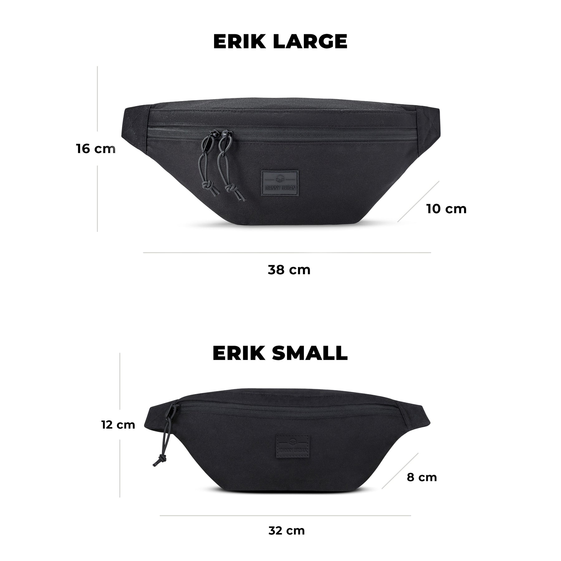 Johnny Urban Bauchtasche 'Erik Large' mit 38x16x10 cm und kleinere 'Erik Small' mit 32x12x8 cm, beide schwarz