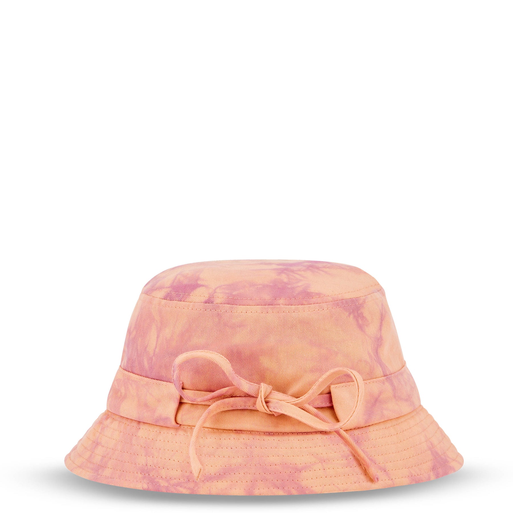 Pastellorange-lila Batik-Bucket-Hat 'Gill' mit Schleife aus Baumwollstoff