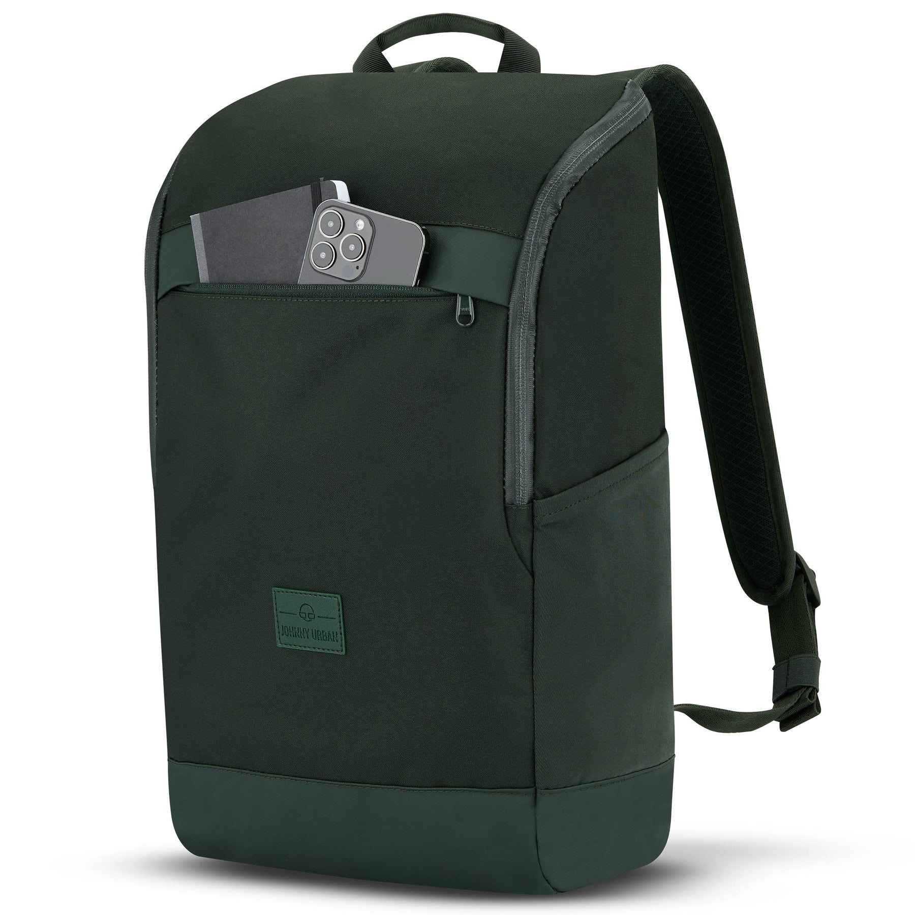Business-Rucksack 'Jasper' von Johnny Urban in Grün mit Vorderfach, das Smartphone und Notizbuch enthält