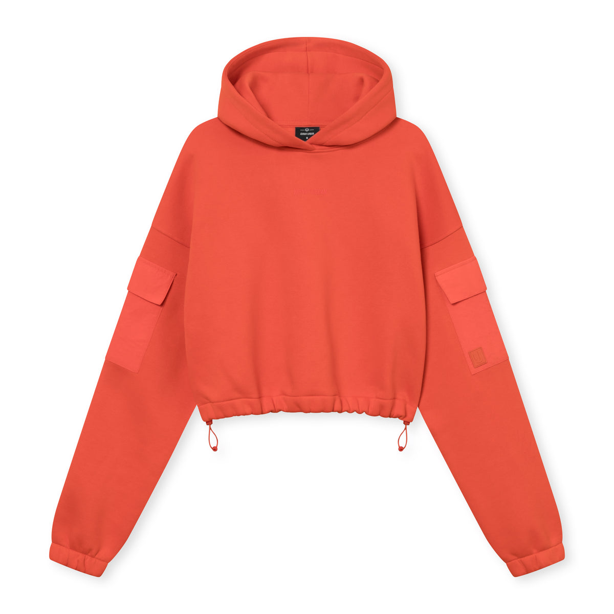 Roter kurzer Kapuzenpullover 'Carly' mit langen Ärmeln und Taschen auf den Oberarmen