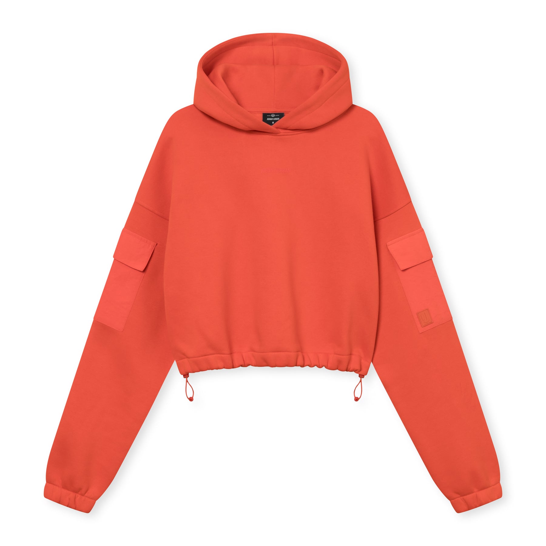 Roter kurzer Kapuzenpullover 'Carly' mit langen Ärmeln und Taschen auf den Oberarmen