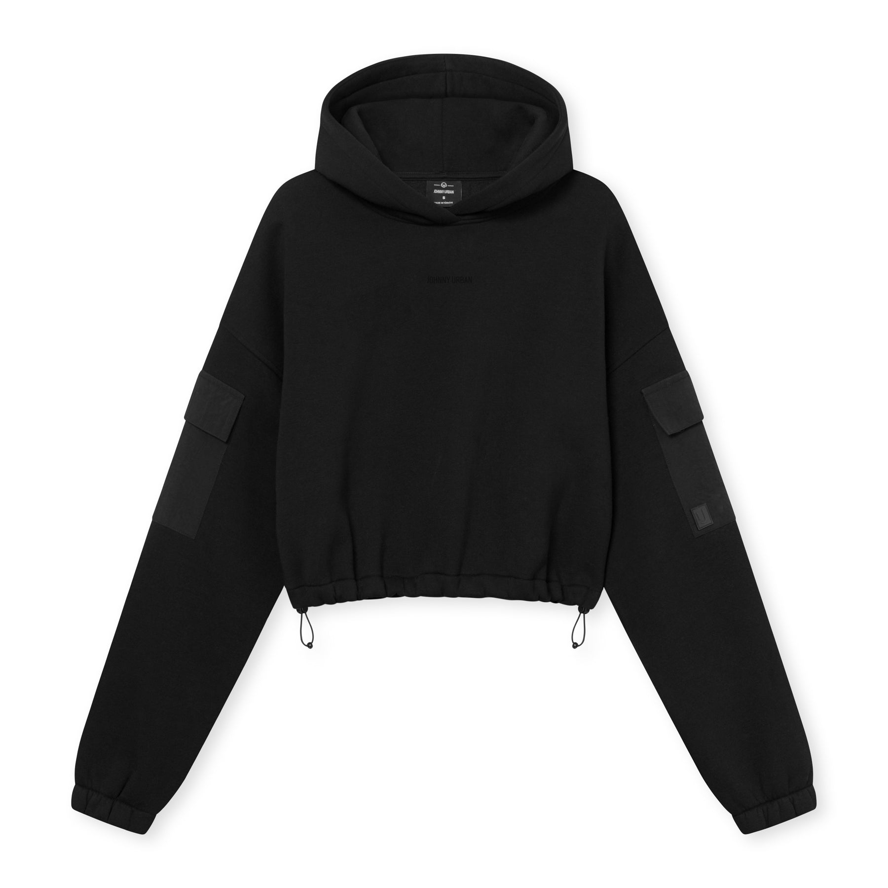 Schwarzer Cropped Hoodie 'Carly' mit Kapuze und Taschen an den Ärmeln von Johnny Urban