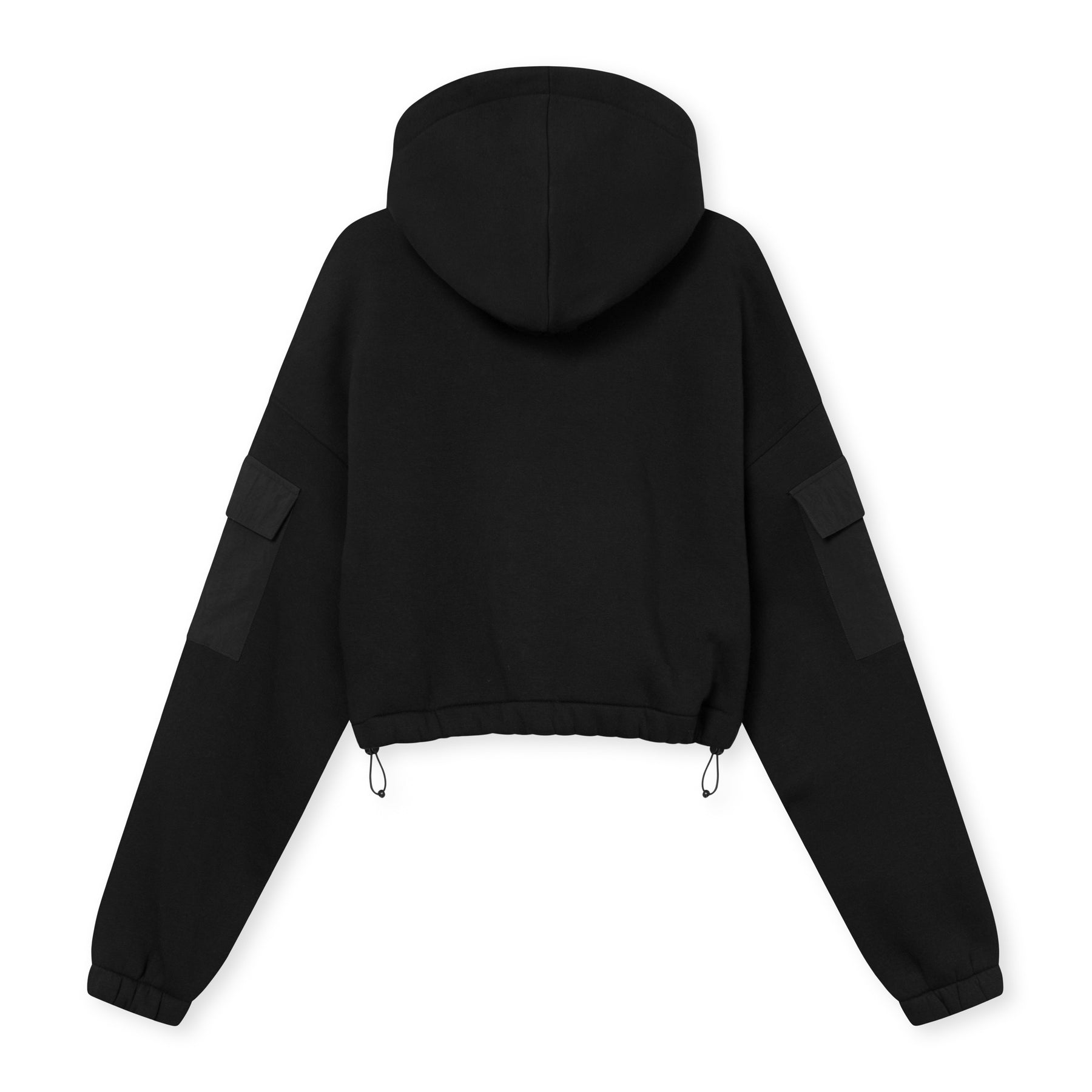 Schwarzer, kurzer Hoodie 'Carly' mit Kapuze, elastischen Bündchen und Taschen an den Ärmeln