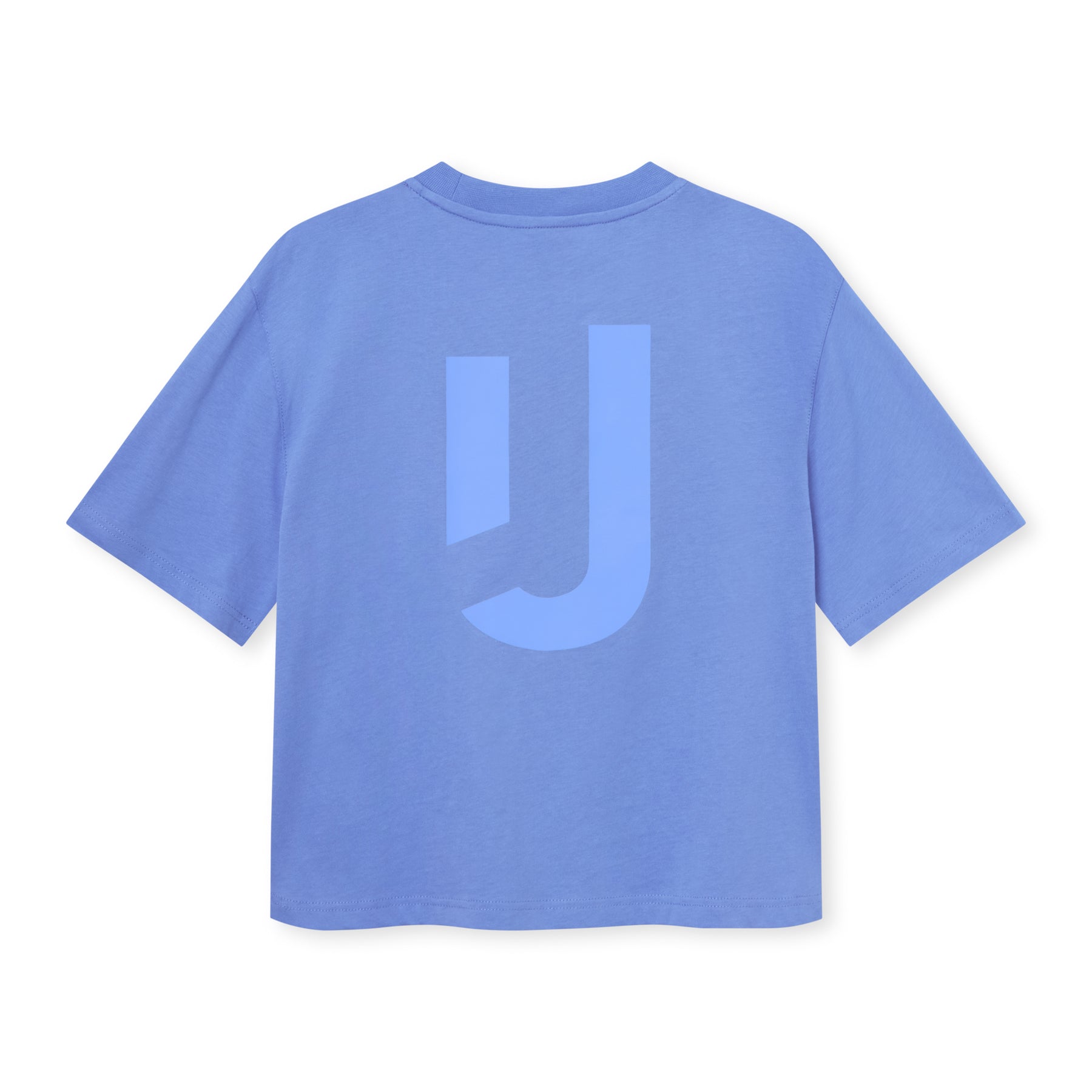 Lila-blaues Cropped T-Shirt mit großem 'JU'-Print auf dem Rücken