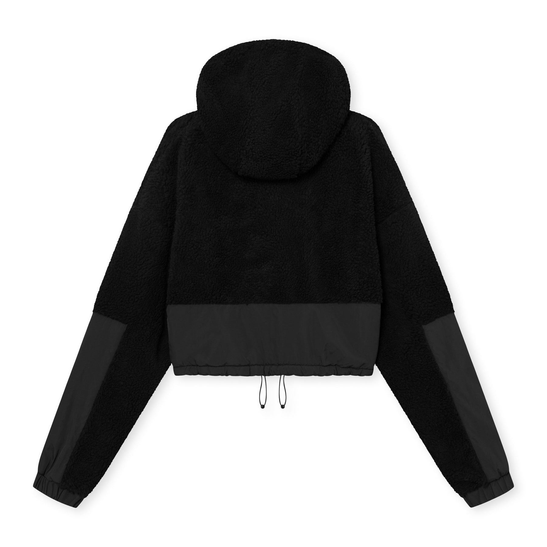 Schwarze Cropped Teddy Fleecejacke 'Carey' mit Kapuze und elastischem Saum