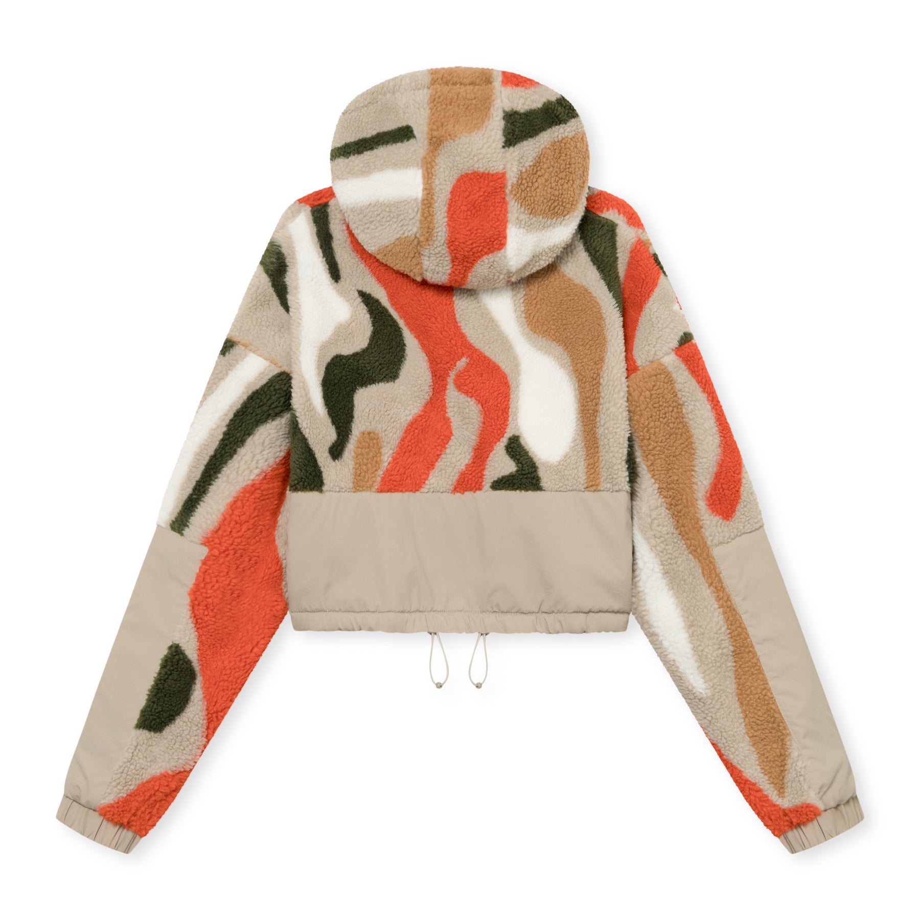Cropped Teddy Fleecejacke 'Carey' mit mehrfarbigem abstraktem Muster und beigem Einsatz am unteren Rücken