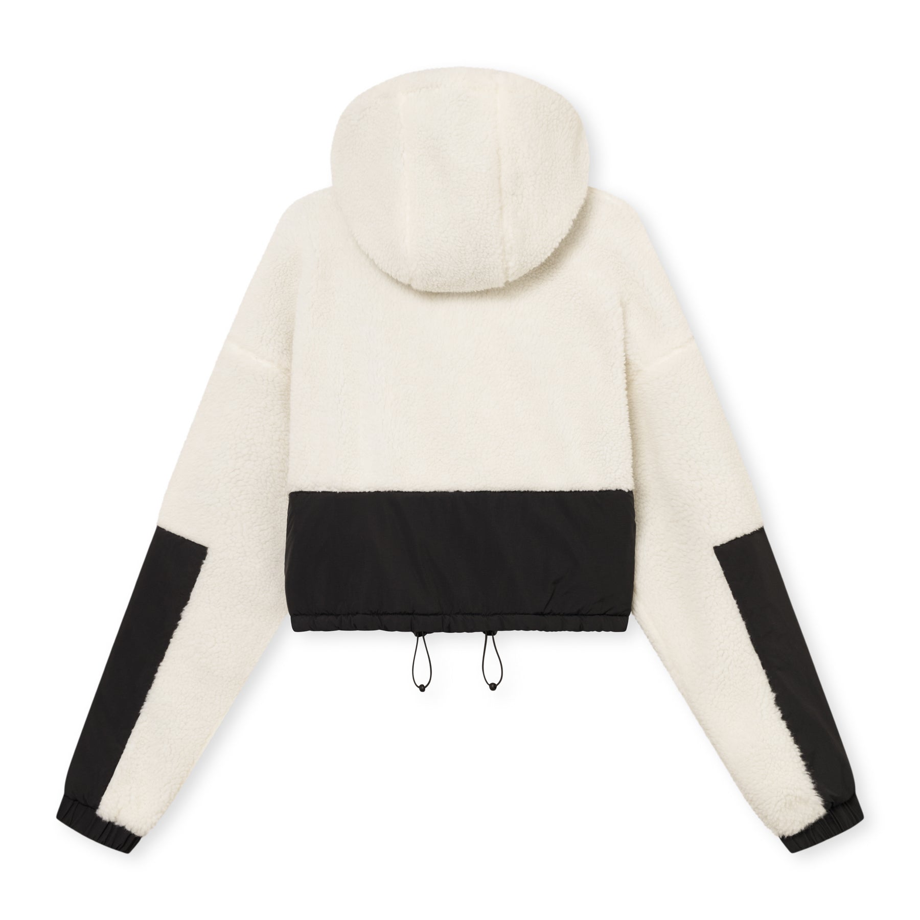 Weiß-schwarze Cropped Teddy Fleecejacke 'Carey' mit Kapuze und elastischem Saum