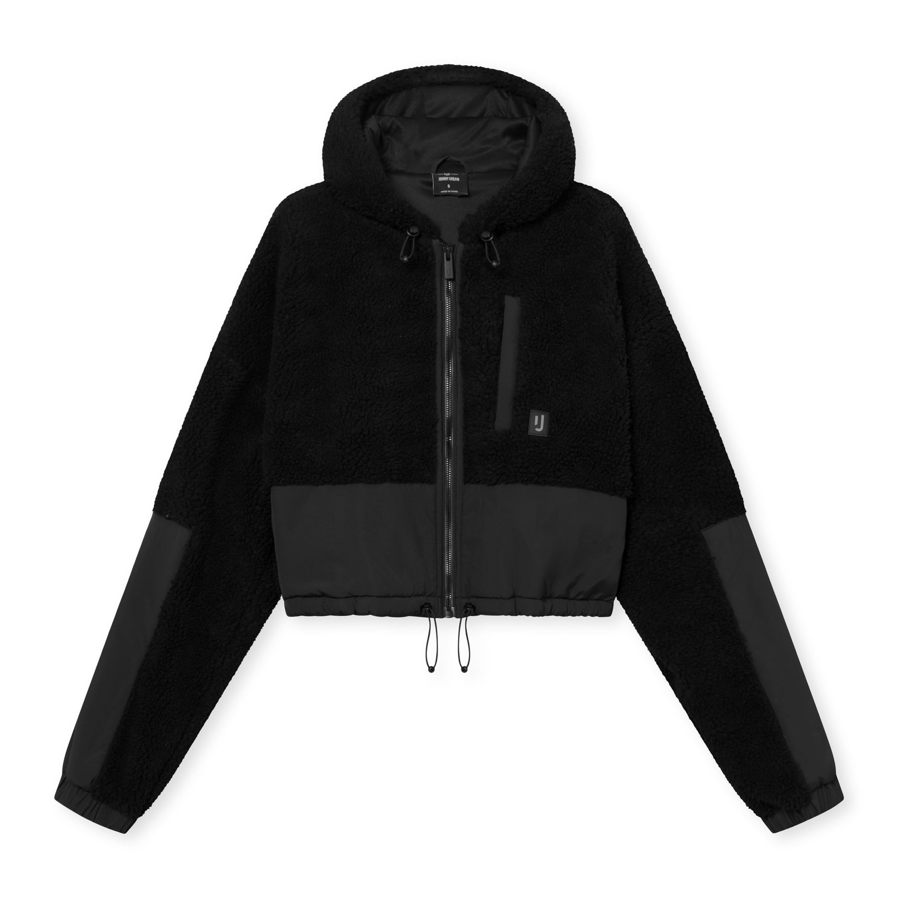 Schwarze, kurz geschnittene Teddy-Fleecejacke 'Carey' mit Reißverschluss, Kapuze und elastischem Saum