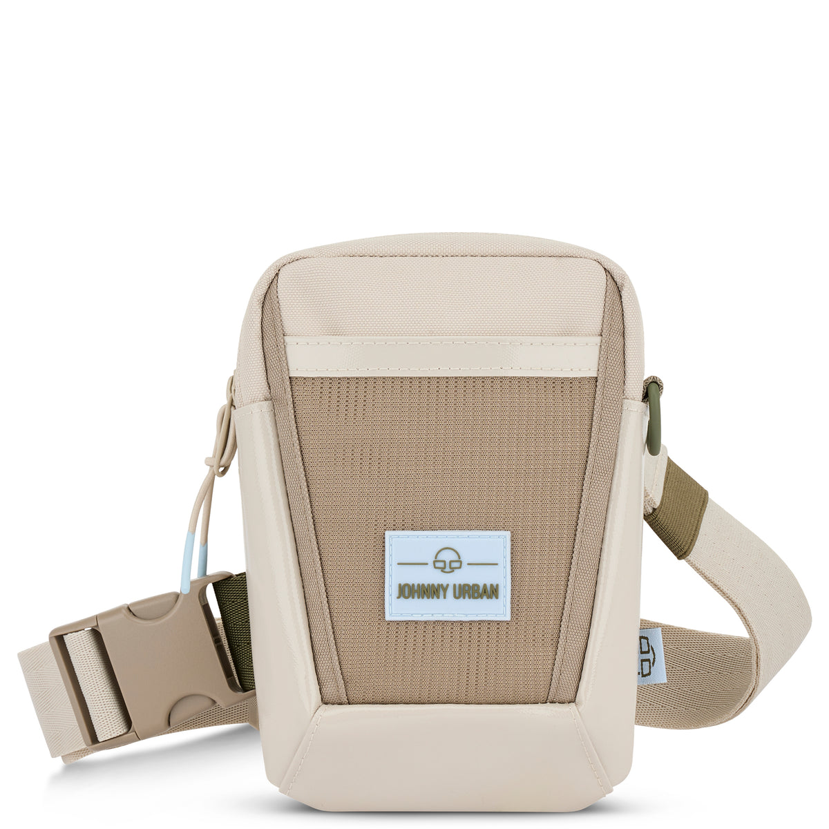 Kleine Umhängetasche Lex von Johnny Urban in Beige mit verstellbarem Gurt und Markenlogo vorne