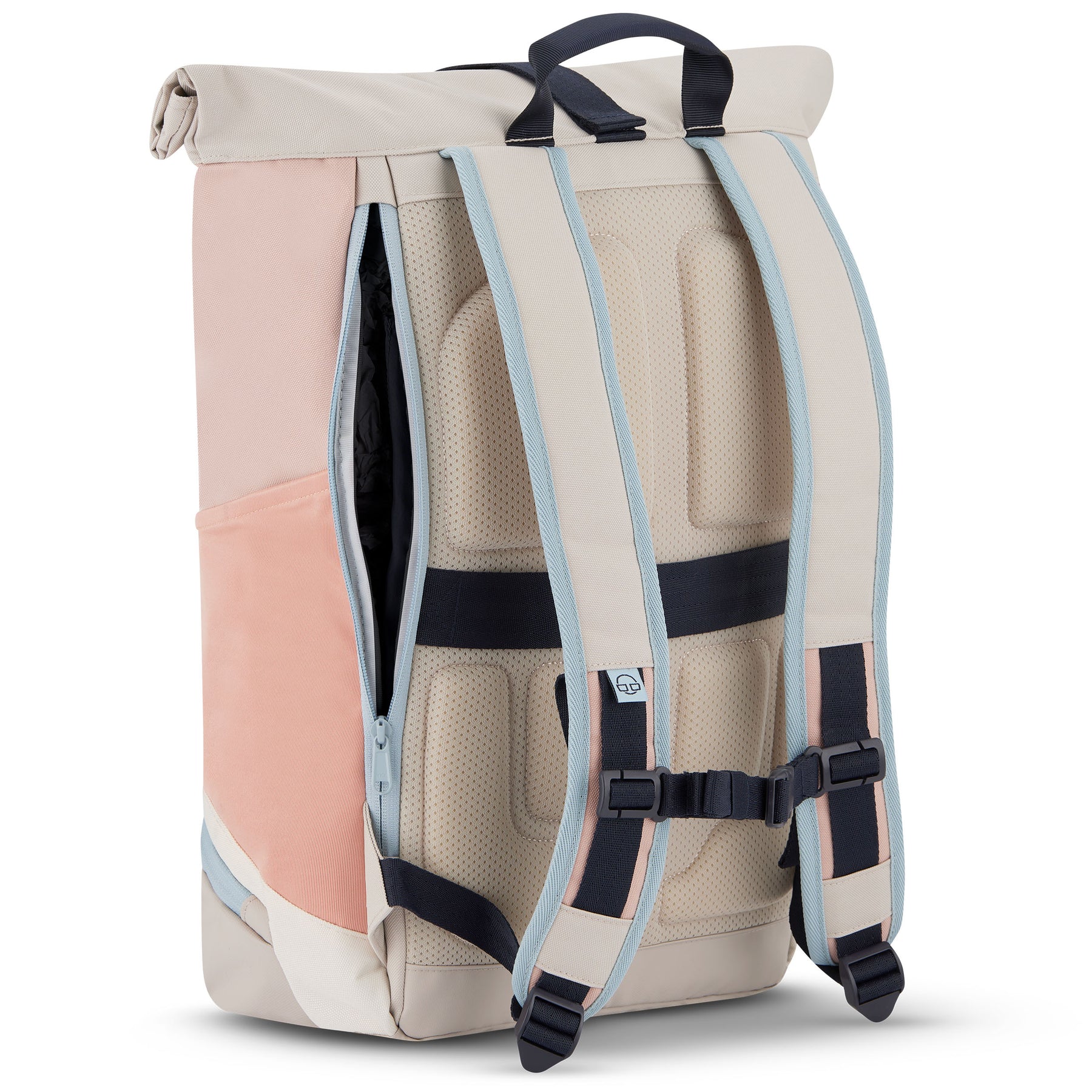 Rückansicht des Rolltop Rucksacks 'Allen Large' von Johnny Urban in Beige und Rosa mit gepolsterten, verstellbaren Schultergurten
