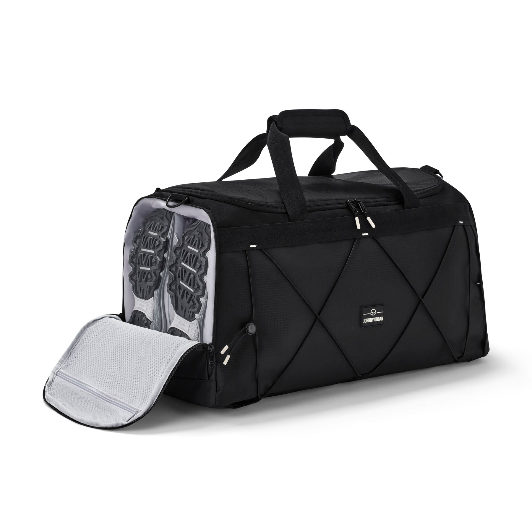 Schwarze Duffle Bag 'Shawn Large' mit separatem Schuhfach und zwei Schuhen im Fach