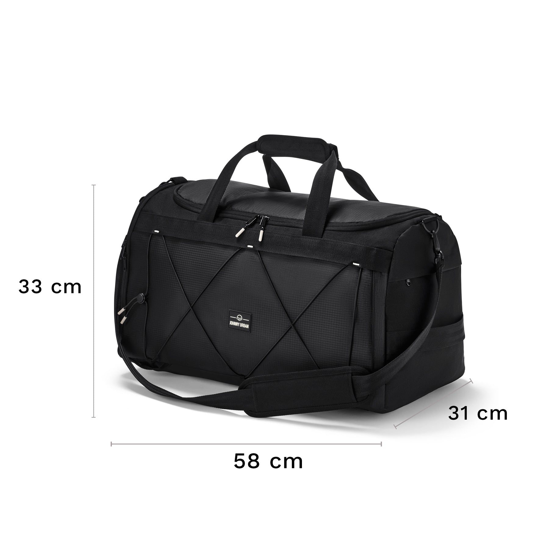 Schwarze große Sporttasche 'Shawn Large' von Johnny Urban mit Griffen und Schultergurt, Maße 58x33x31 cm