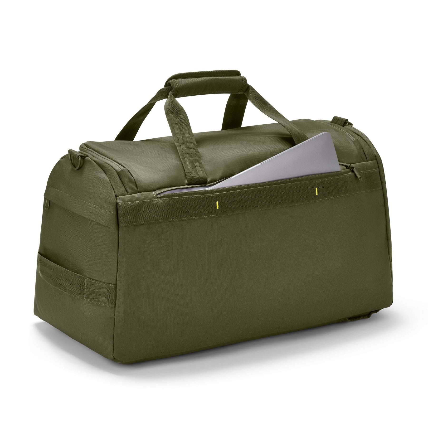Grüne Duffle Bag 'Shawn Large' mit seitlicher Reißverschlusstasche, halb geöffneter Laptopfach