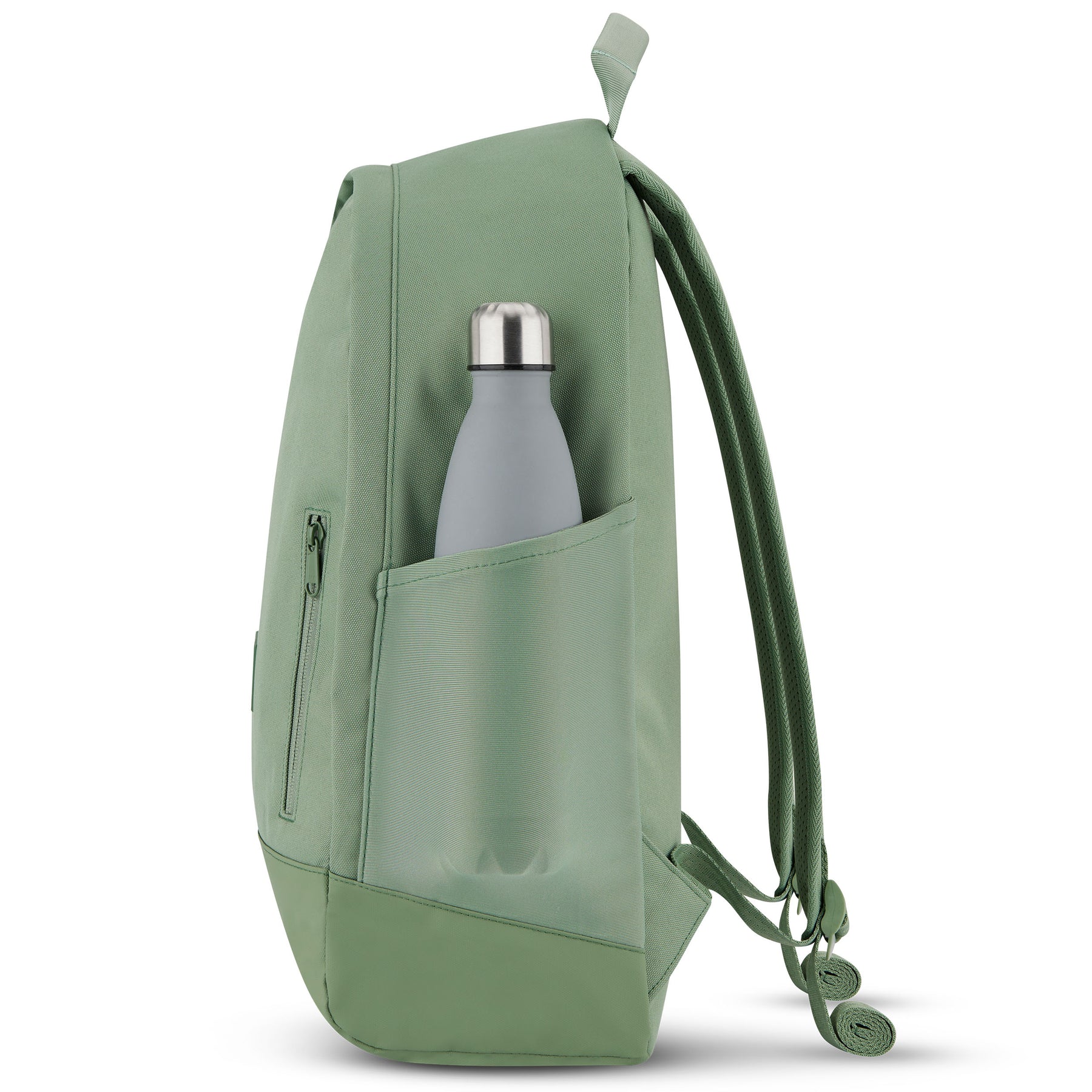 Rucksack 'Neo' in Salbeigrün mit seitlicher Tasche und grauer Trinkflasche