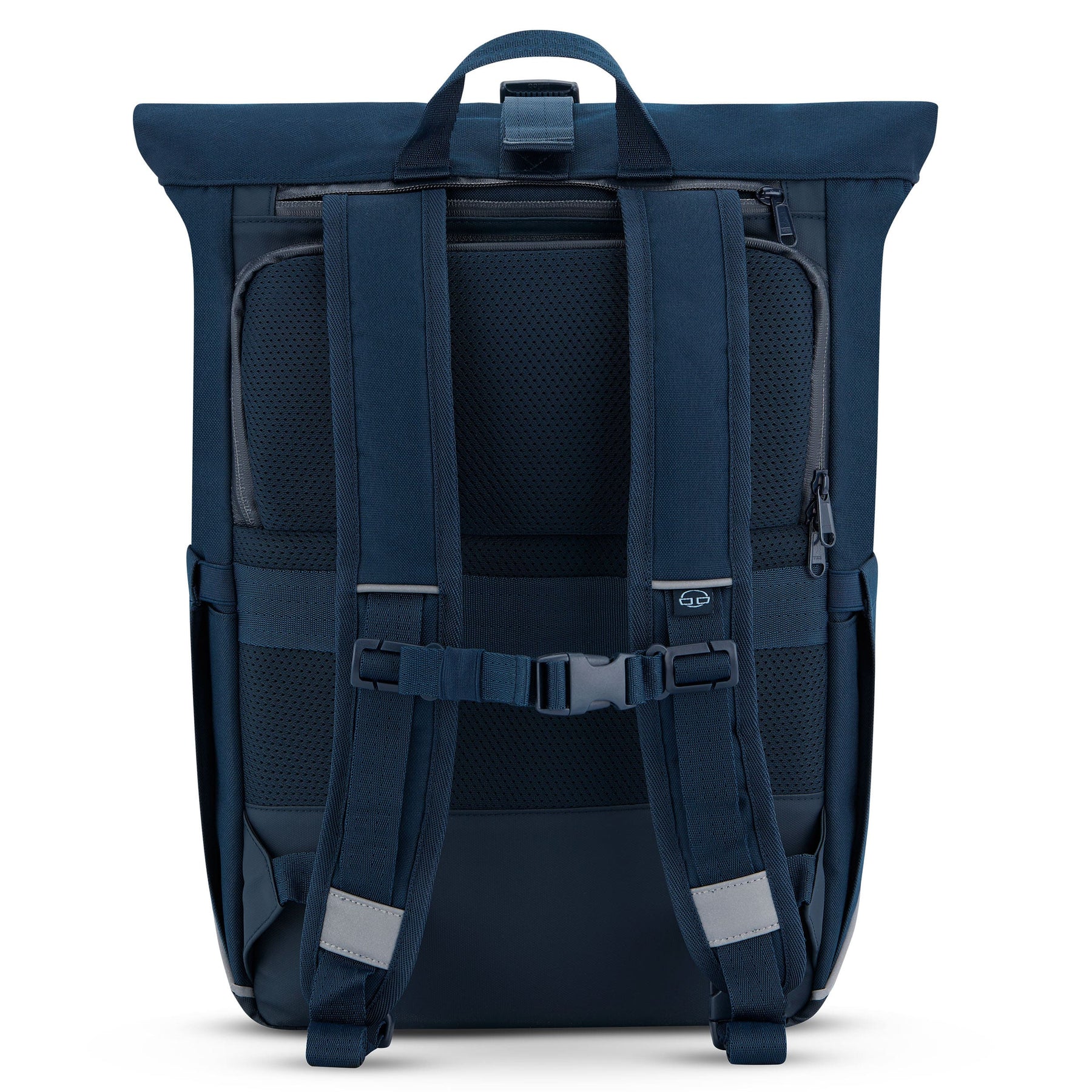 Rückseite des Rolltop Rucksacks 'Robin Medium' in Blau mit gepolsterten Schulterriemen und Brustgurt