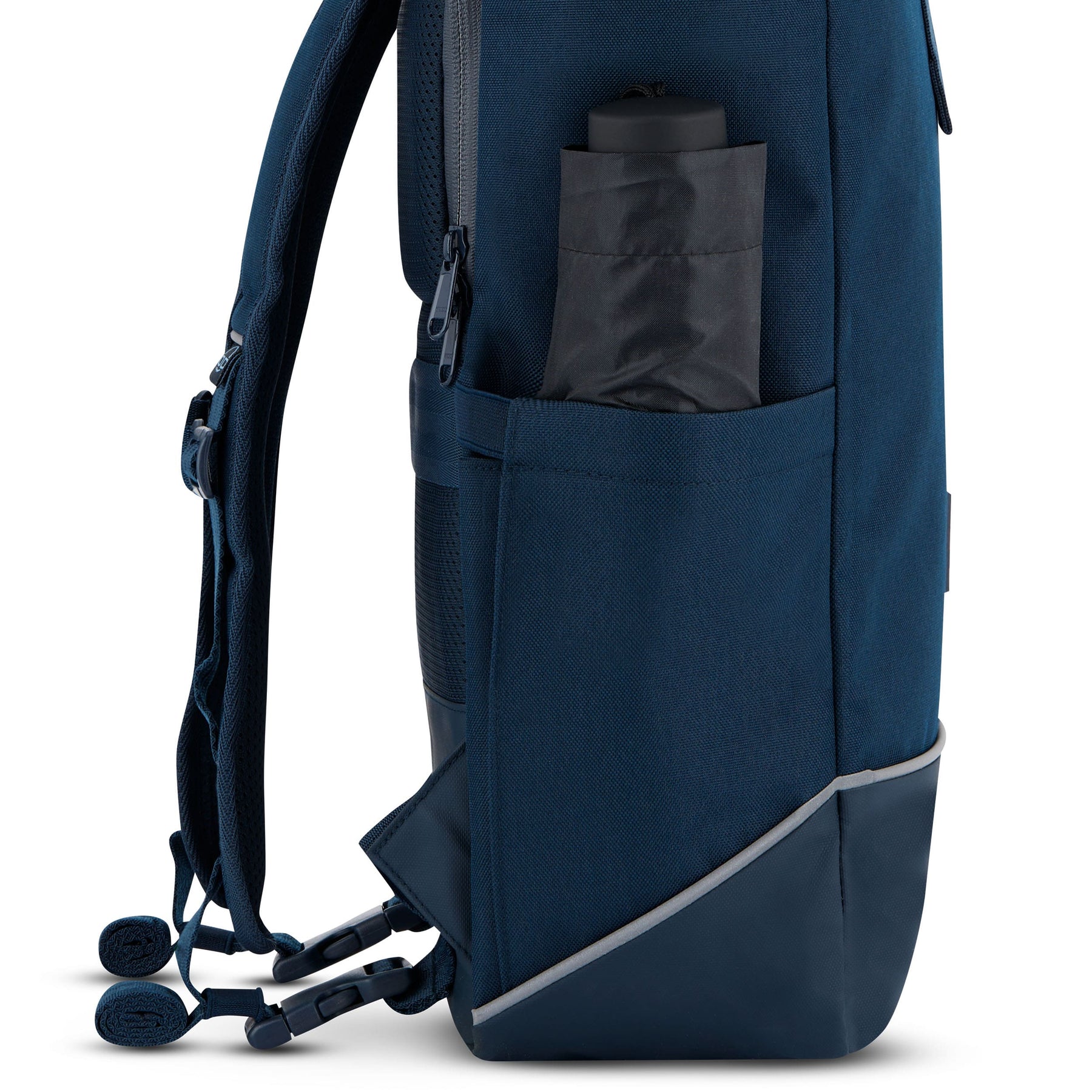 Blauer Rolltop Rucksack 'Robin Medium' für Fahrrad mit seitlicher Tasche und Reißverschluss