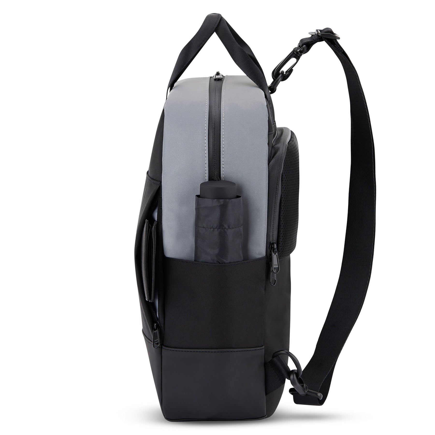 Seitenansicht des grauen und schwarzen Fahrradrucksacks 'Jona Medium' von Johnny Urban mit Flaschenhalter