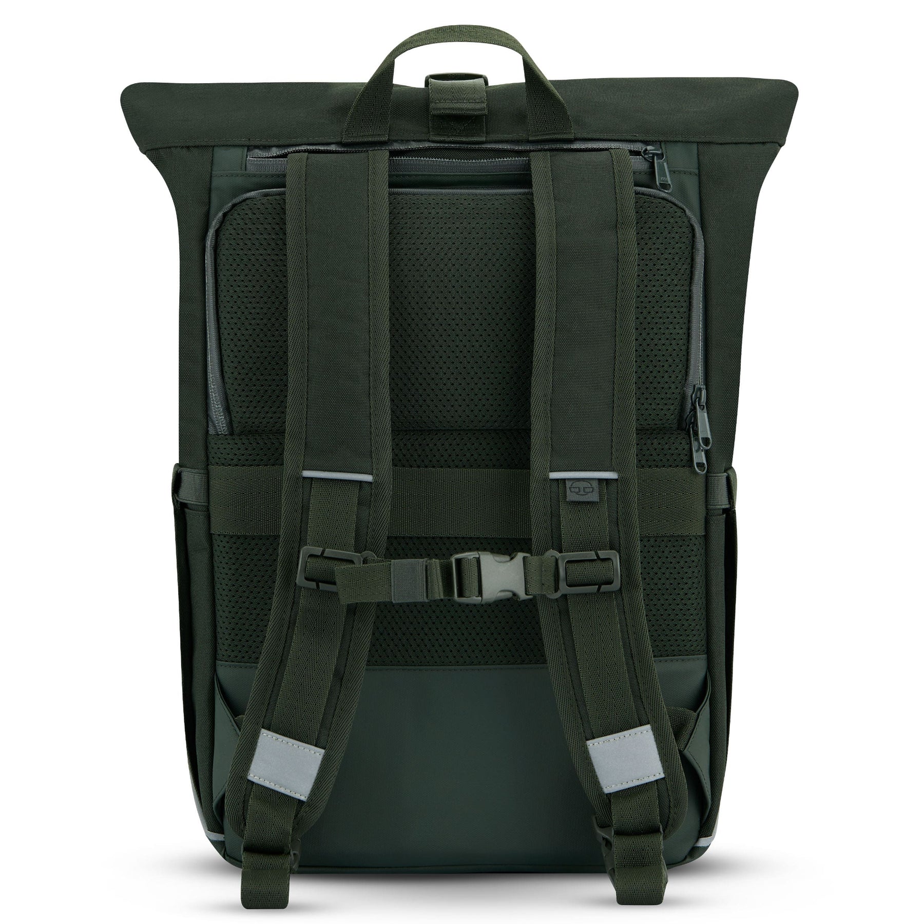 Rückseite des Johnny Urban Rolltop Rucksacks 'Robin Medium' in dunklem Olivgrün mit gepolsterten Schultergurten, Brustgurt und integriertem Rückenpolster