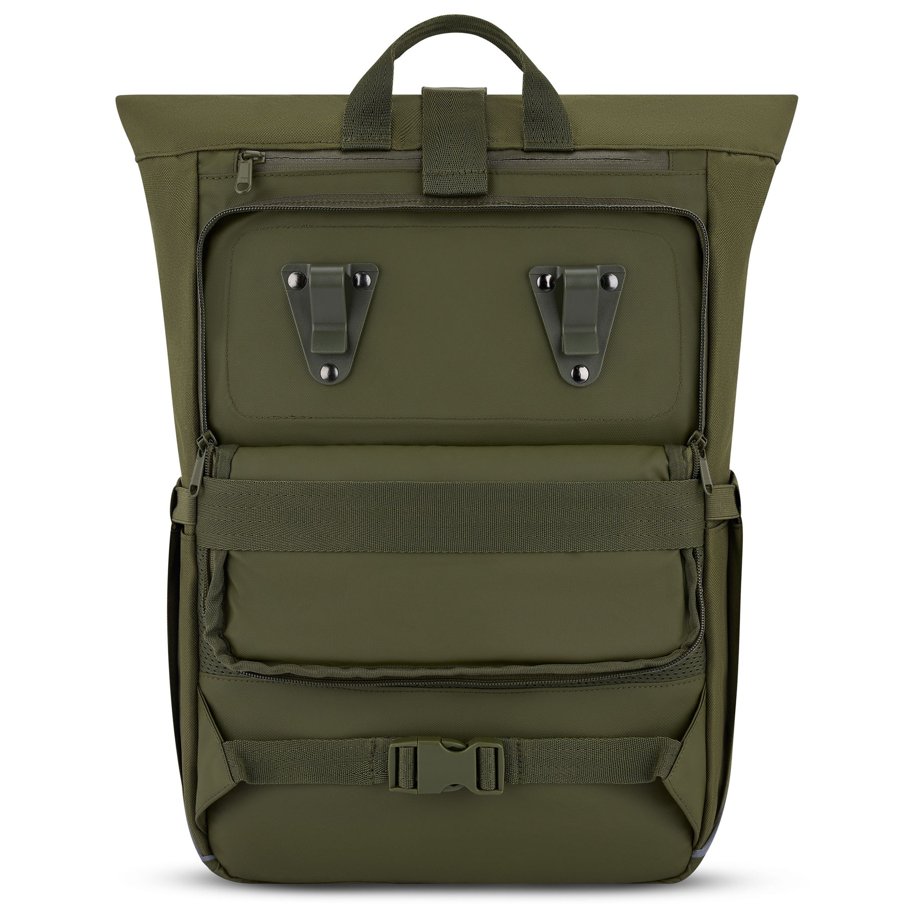 Olivefarbener Rolltop Rucksack 'Robin Medium' mit Clips und Gurten für Fahrradmontage