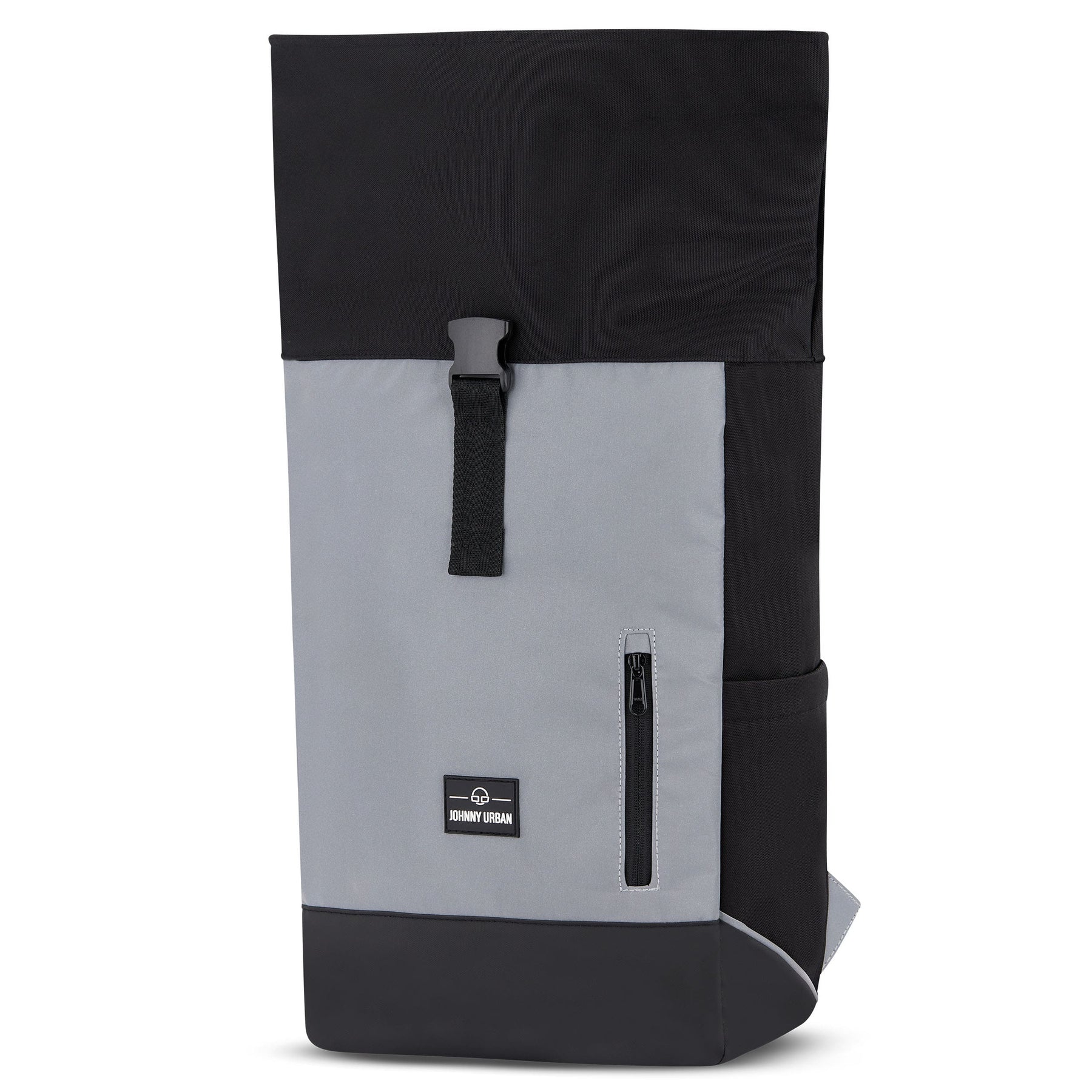 Johnny Urban Rolltop Rucksack 'Robin Medium' in Schwarz und Grau, reflektierend, mit Frontreißverschluss und Klickverschluss