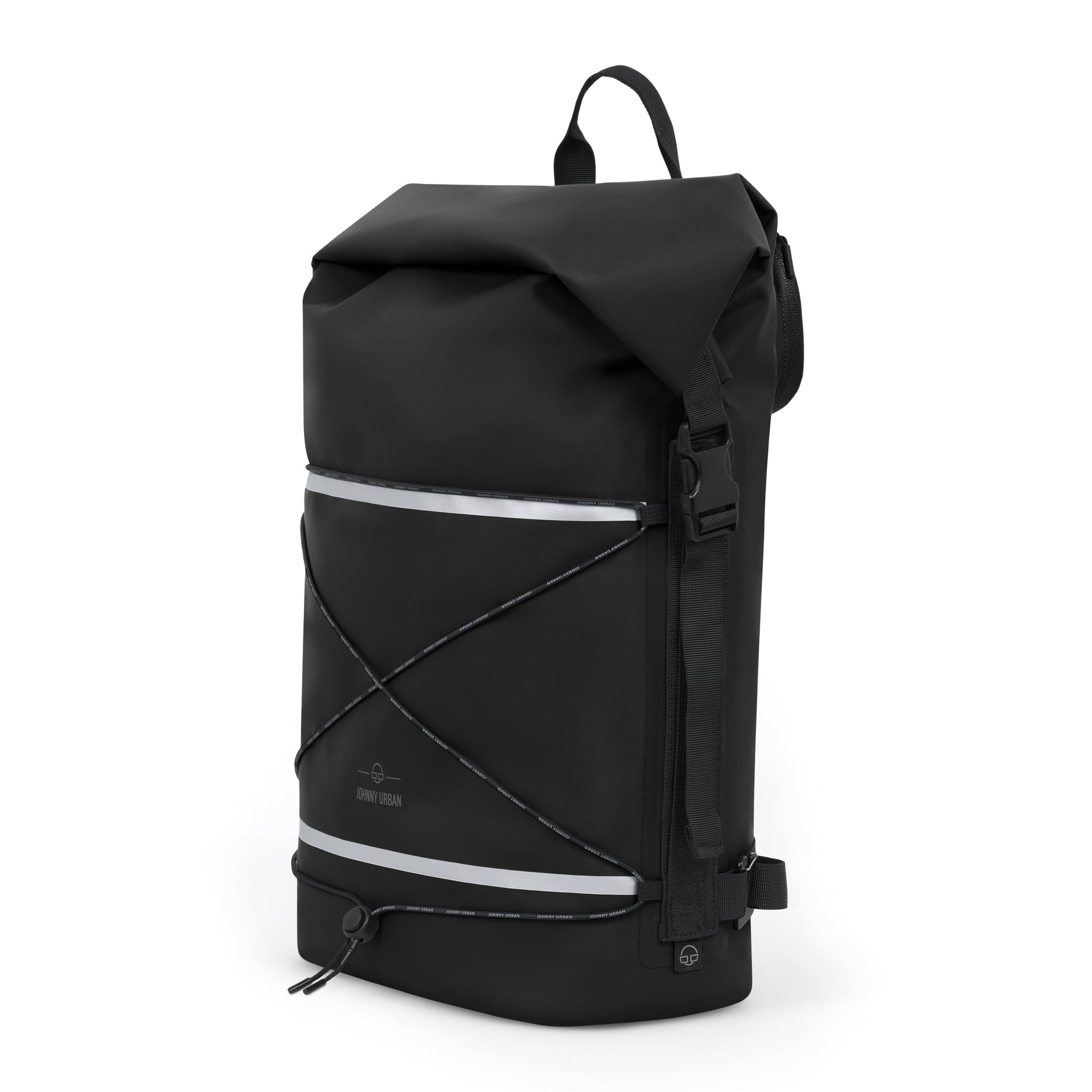 Schwarzer Rolltop Rucksack 'Myles' von Johnny Urban mit elastischem Kordelzug und Reflektoren, für Fahrradträger
