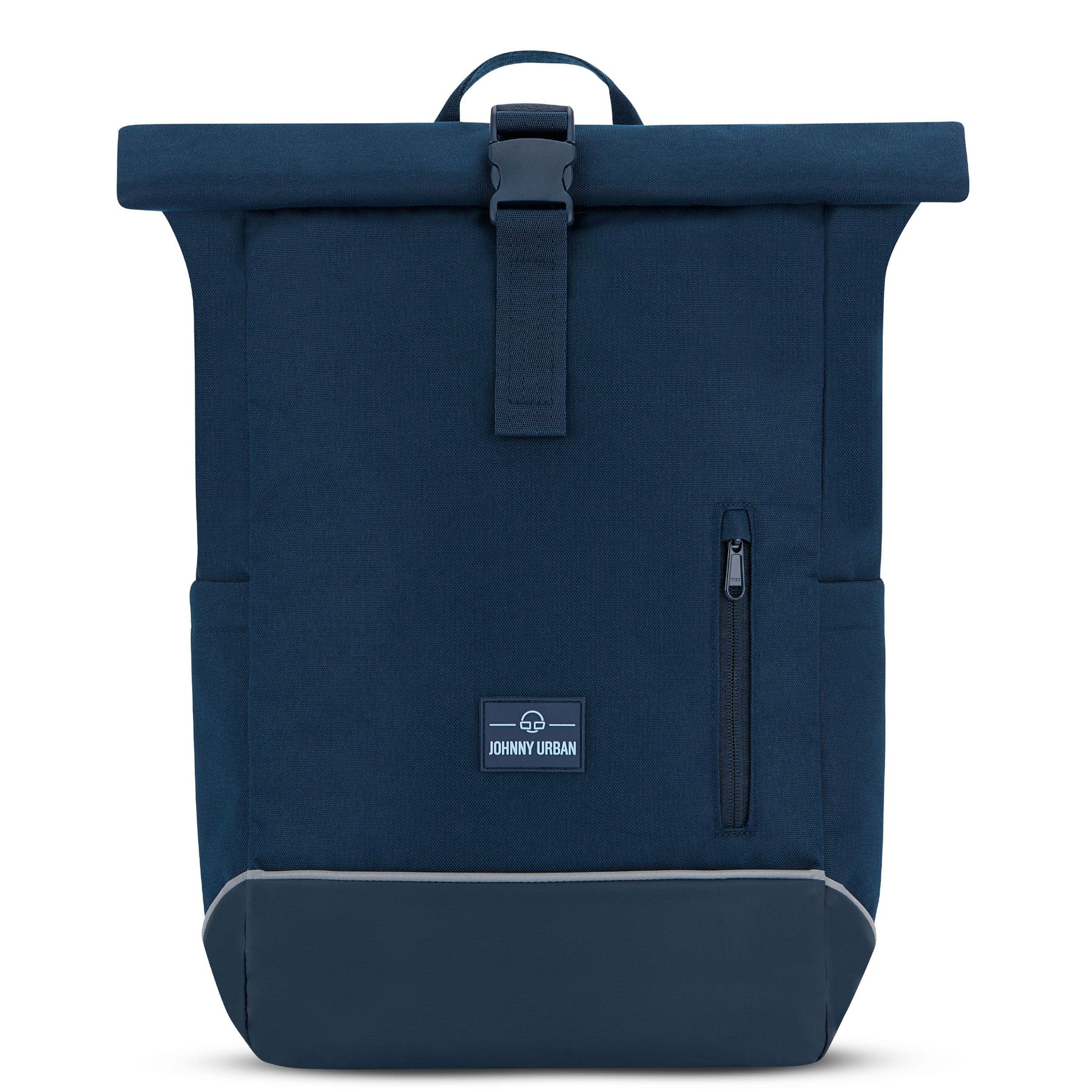 Dunkelblauer Rolltop Rucksack 'Robin Medium' Bike von Johnny Urban mit Frontreißverschluss und reflektierendem Boden