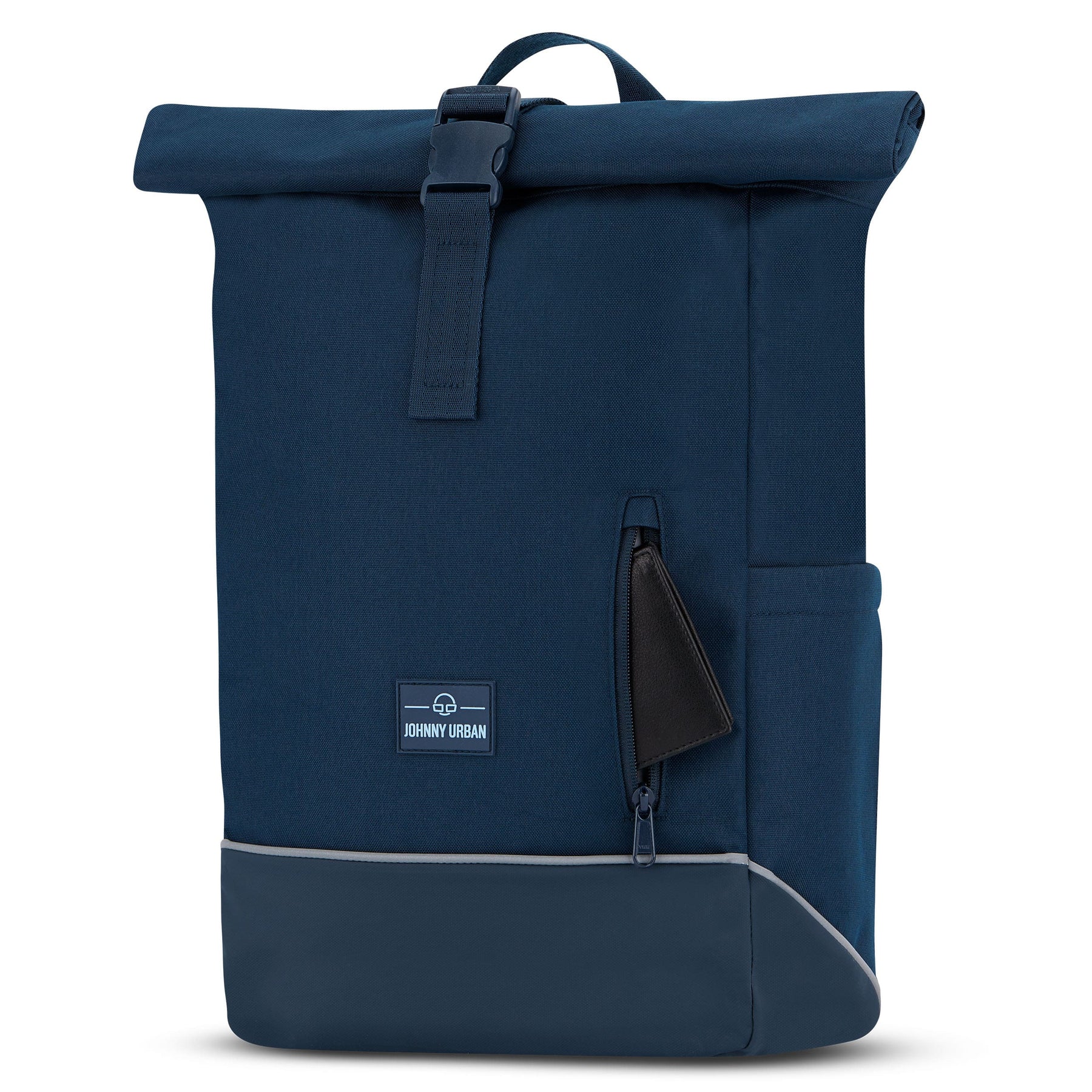 Blauer Rolltop Rucksack 'Robin Medium' von Johnny Urban mit sichtbarem Reißverschlussfach und reflektierendem Bodensaum