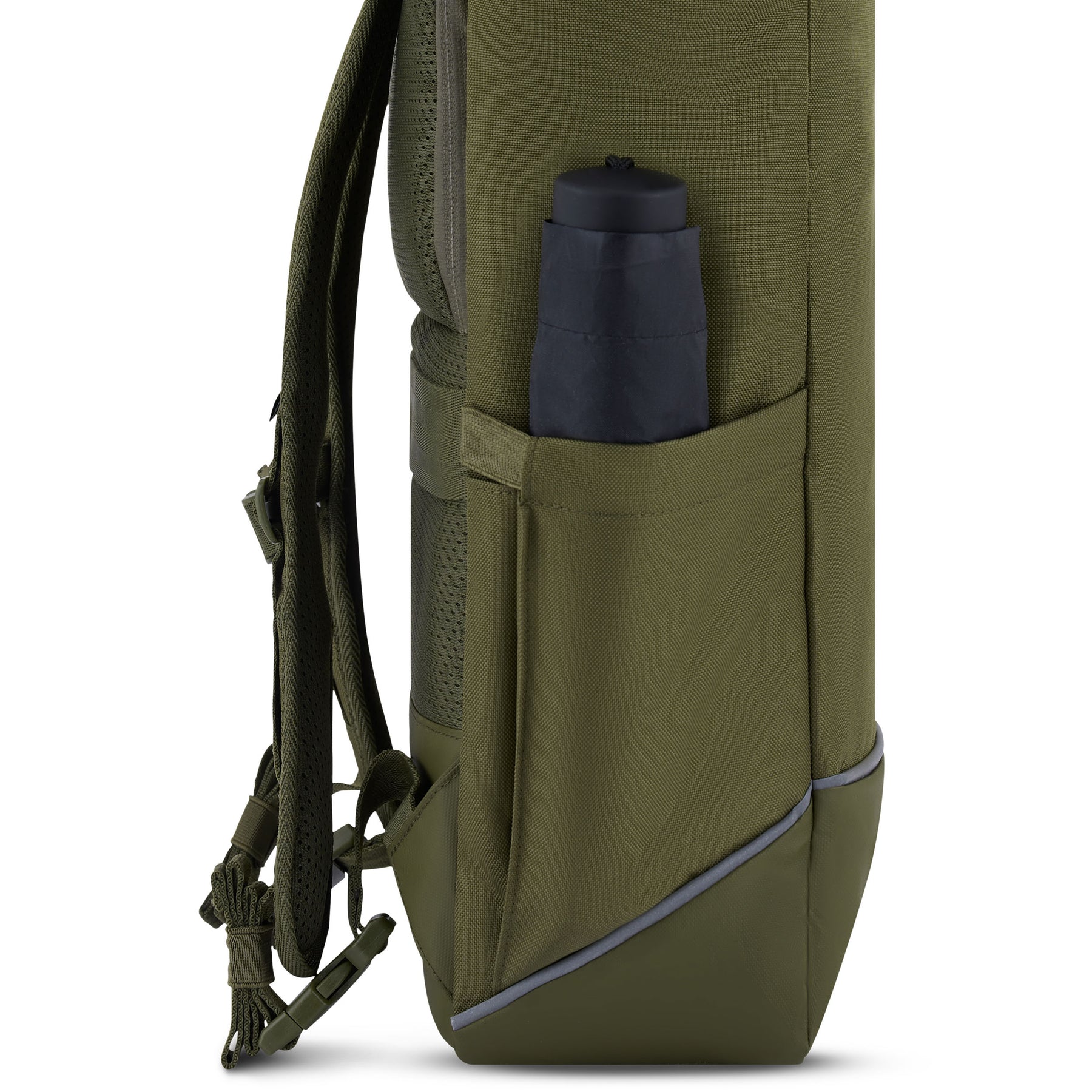 Olivefarbener Johnny Urban Rolltop Rucksack Robin Medium mit seitlicher Tasche und schwarzem Wasserflaschenhalter