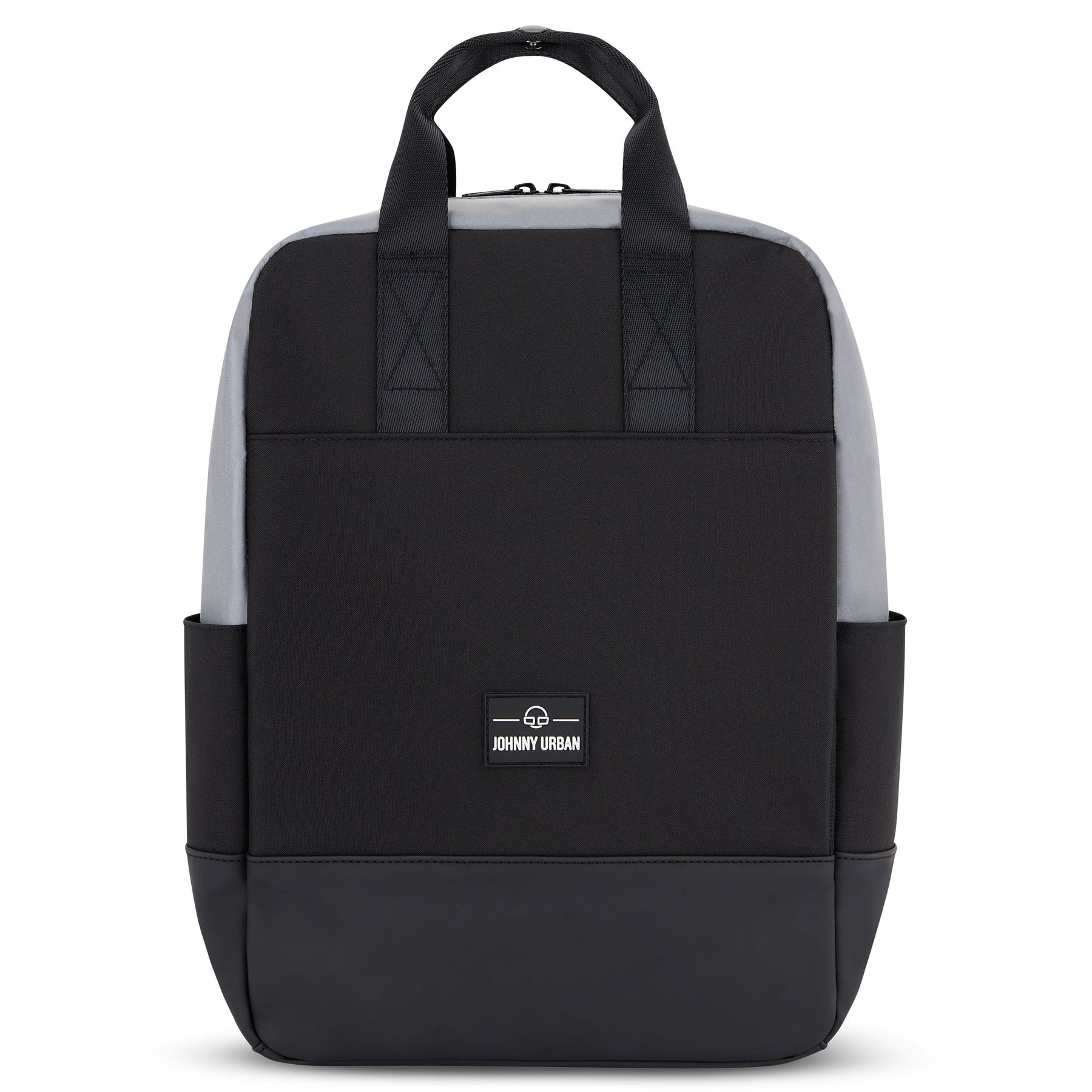 Schwarzer Rucksack 'Jona Medium' von Johnny Urban mit reflektierenden grauen Seiten, Bügellaschen und Logo vorne