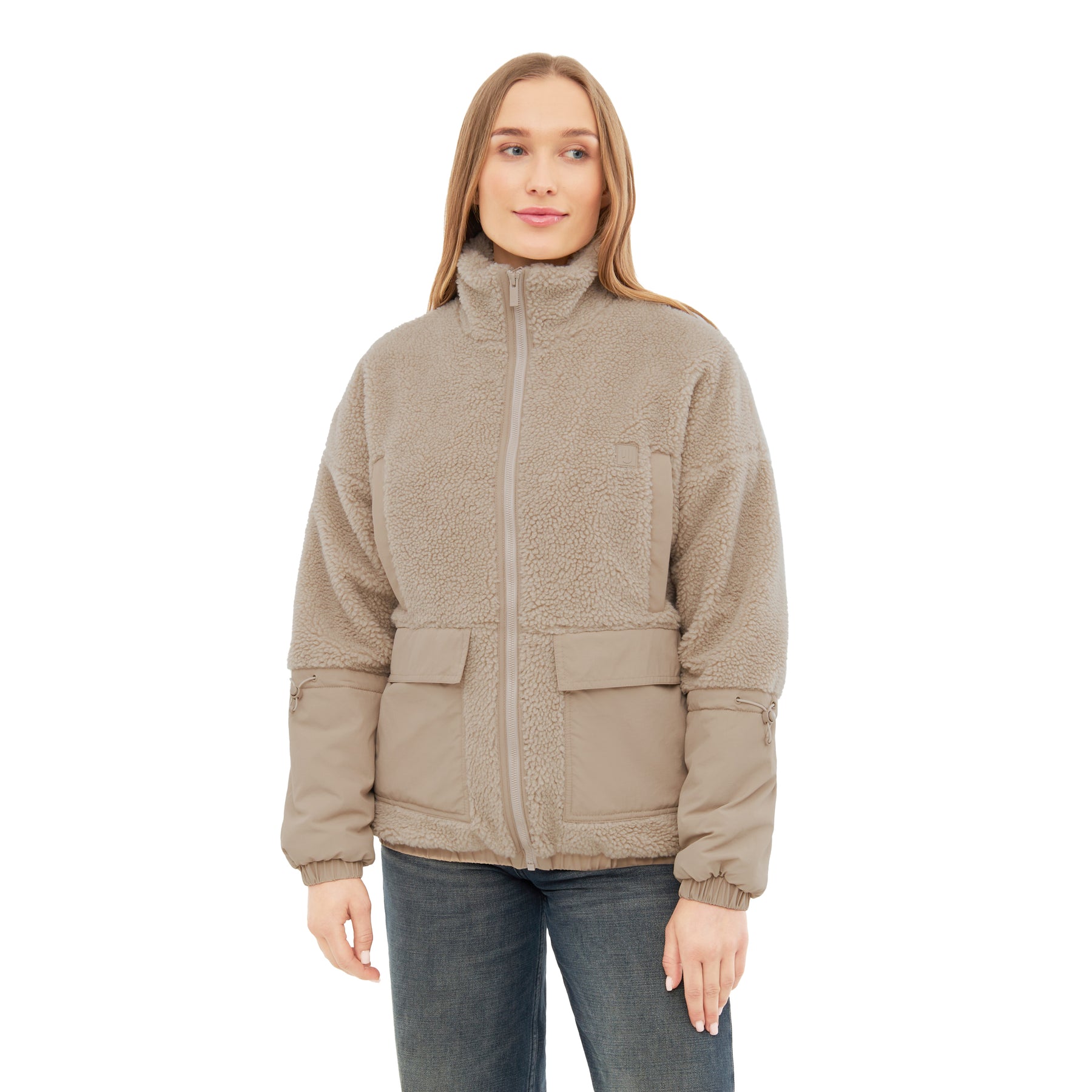 Beige Teddy Fleecejacke 'Carson' für Damen mit hohem Kragen, Reißverschluss und Taschen an Ärmeln und Bund
