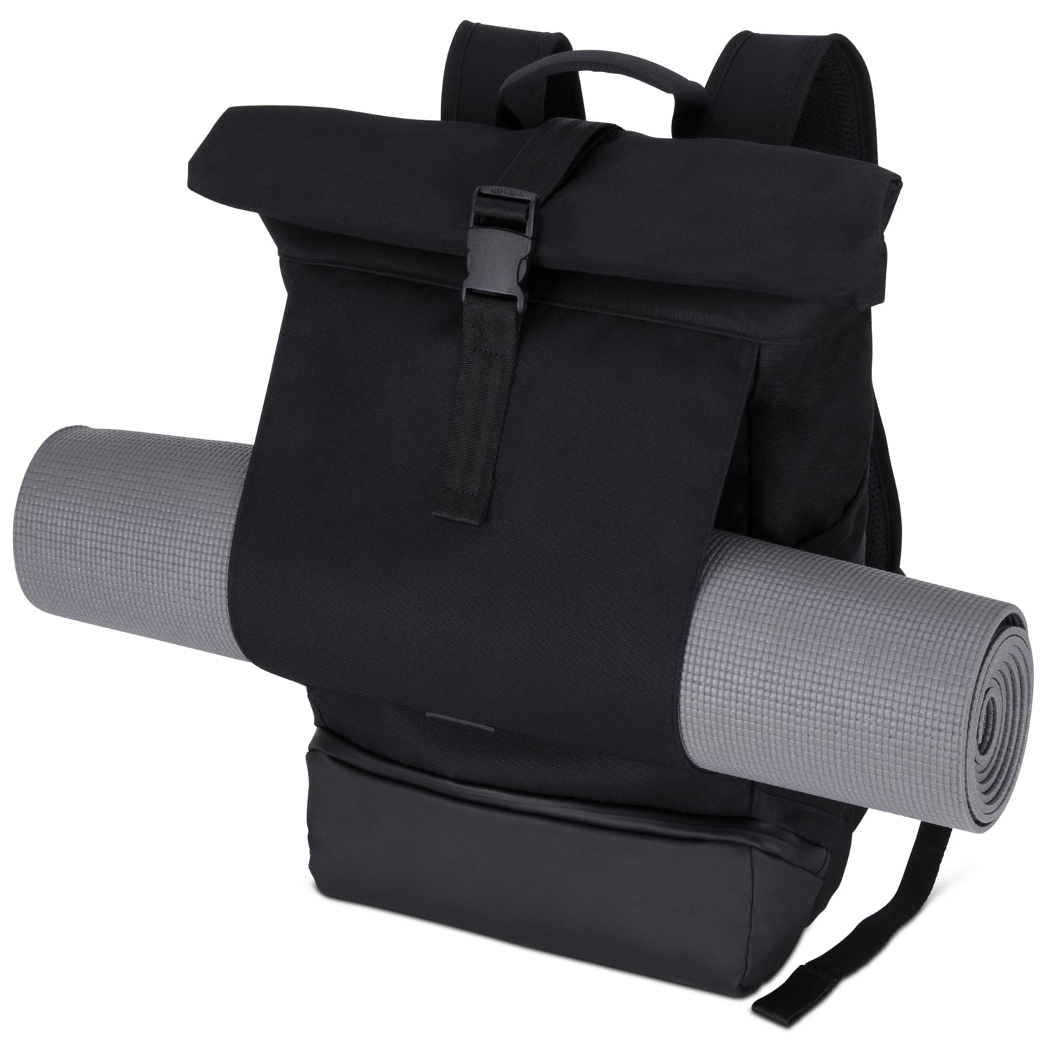 Schwarzer Rolltop Rucksack 'Allen Large' mit Yogamatte an frontaler Schlaufe
