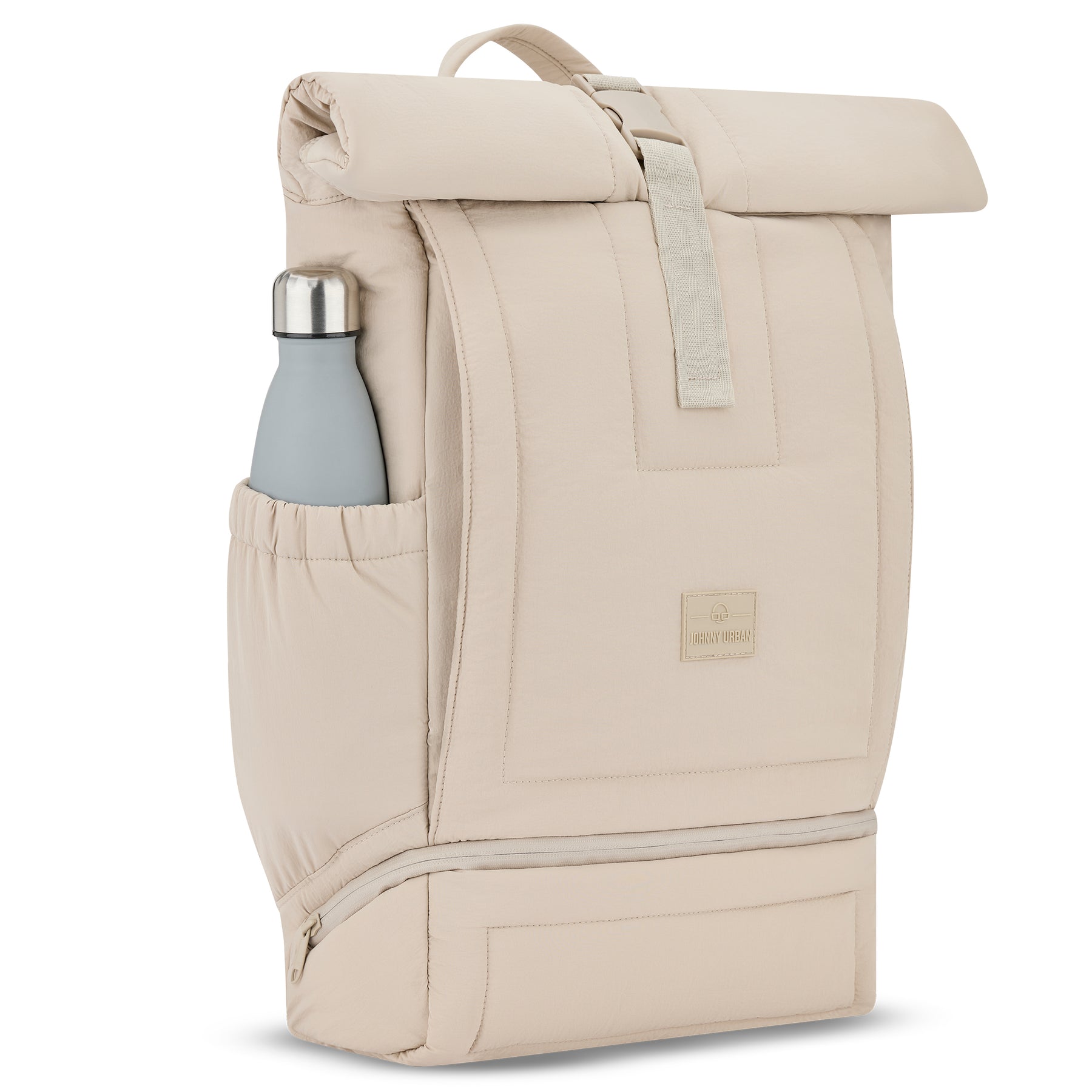 Beiger gepolsterter Rolltop Rucksack 'Kyle' mit seitlicher Tasche und grauer Edelstahl-Trinkflasche