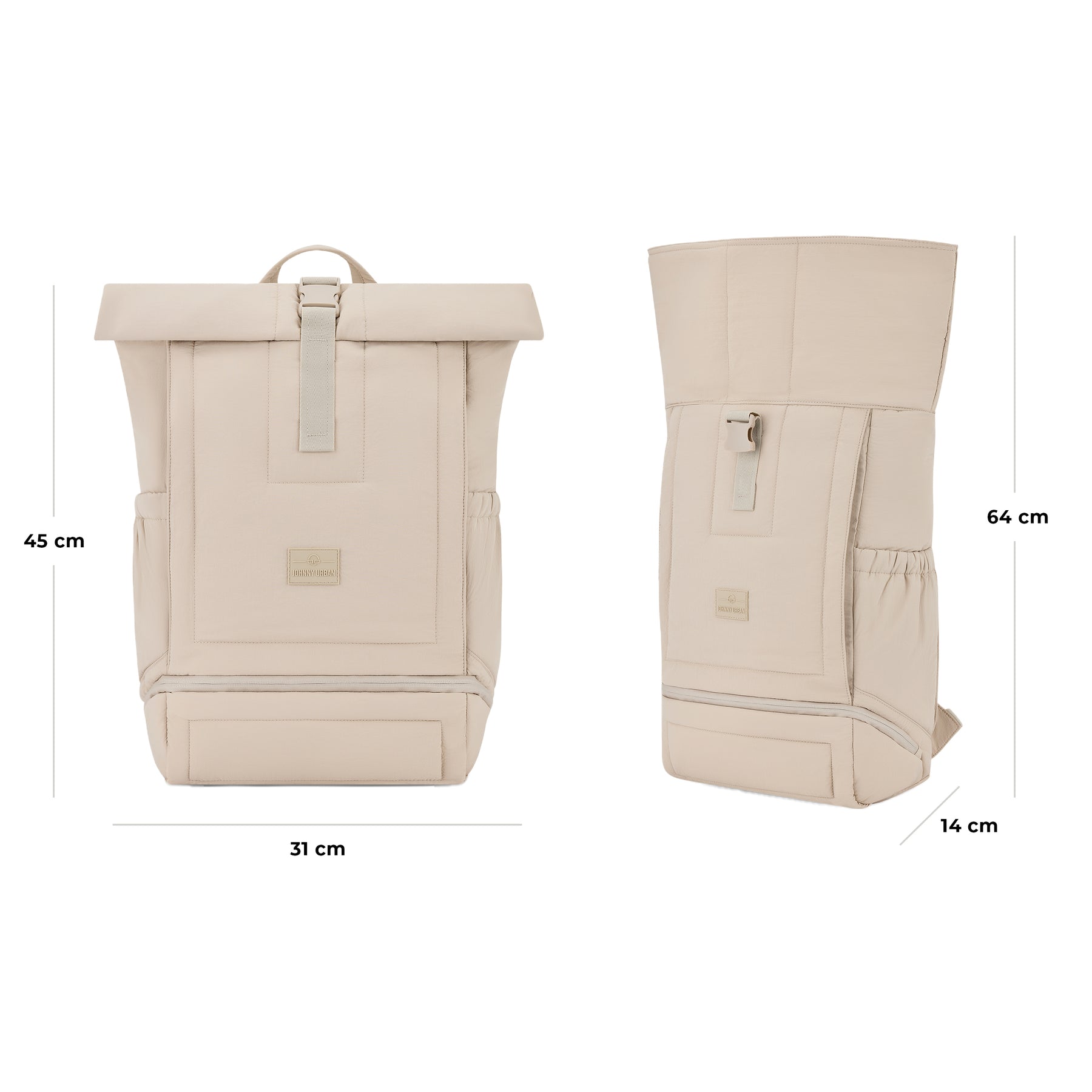 Großer gepolsterter Rolltop-Rucksack 'Kyle' von Johnny Urban in Beige, mit Maßen 45x31x14 cm, geöffnet 64 cm hoch