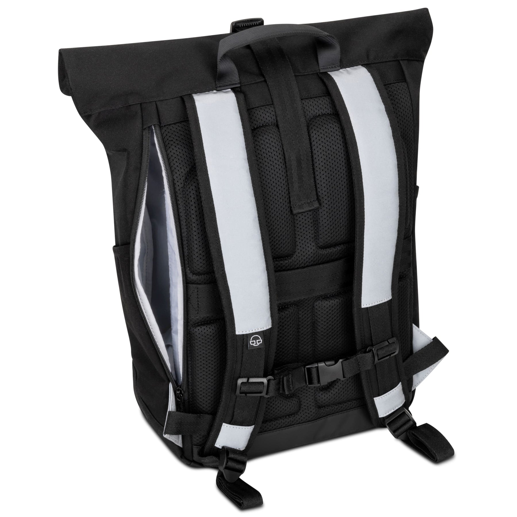 Großer schwarzer Rolltop-Rucksack 'Allen Large' mit reflektierenden, hellen Tragegurten und Seitentasche mit Reißverschluss