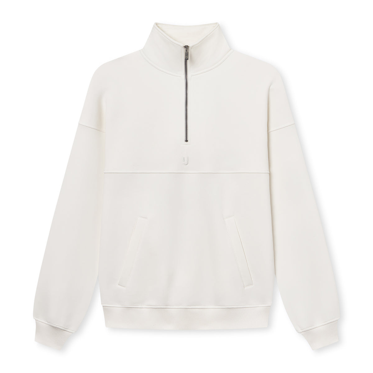 Cremeweißer Unisex-Halb-Zip-Sweatshirt 'Cooper' mit hohem Kragen und zwei Taschen