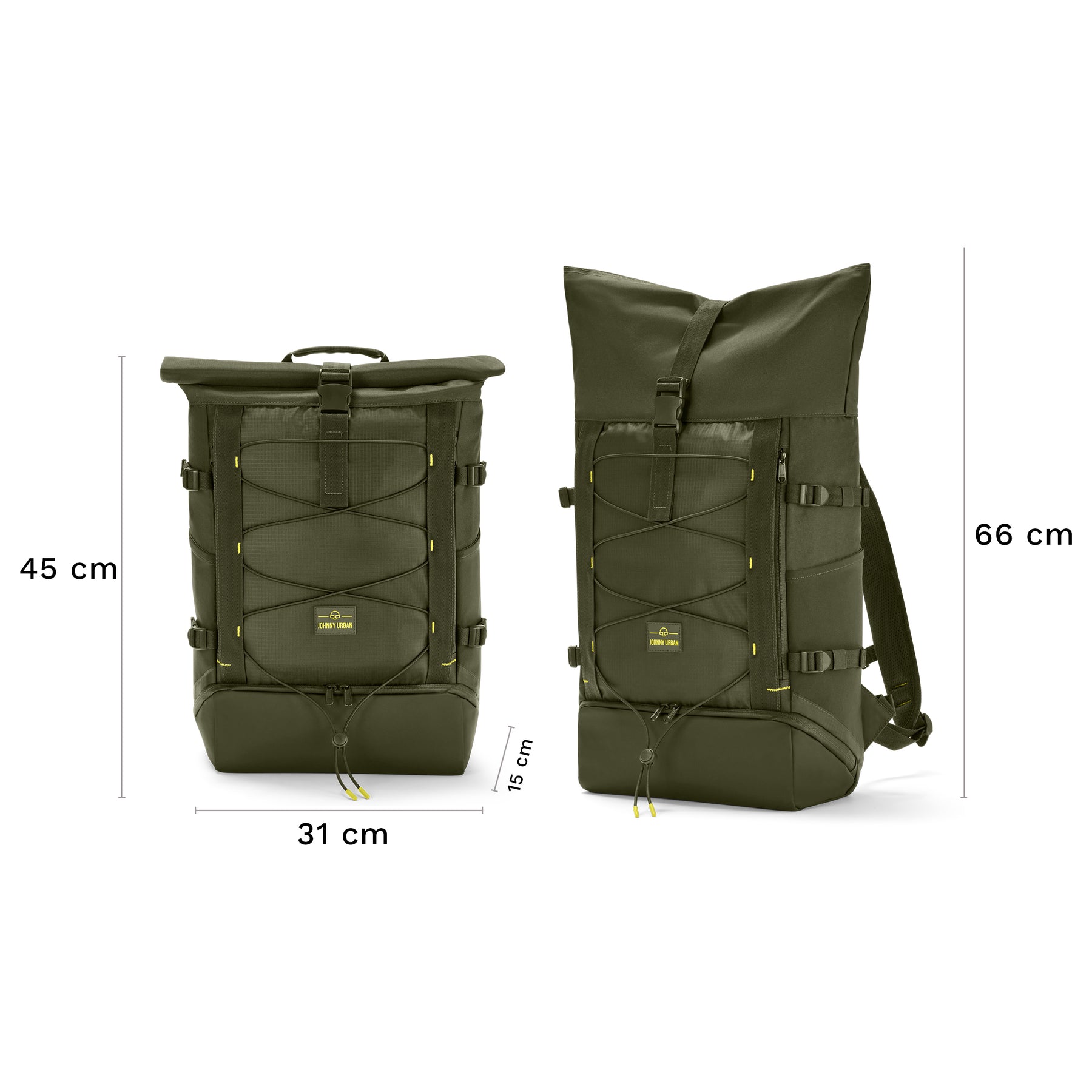 Grüner Johnny Urban Rolltop Rucksack 'Allen Large Move' in zwei Größenansichten mit Maßen