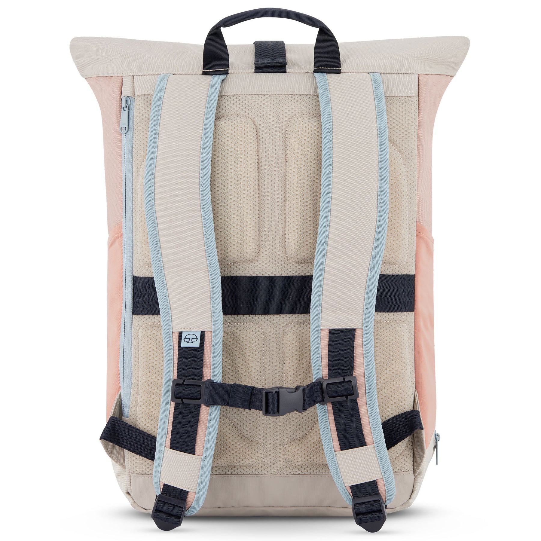 Rückseite des Rolltop-Rucksacks 'Allen Large' in Sand-Rose mit gepolsterten, verstellbaren Schultergurten und Tragegriff