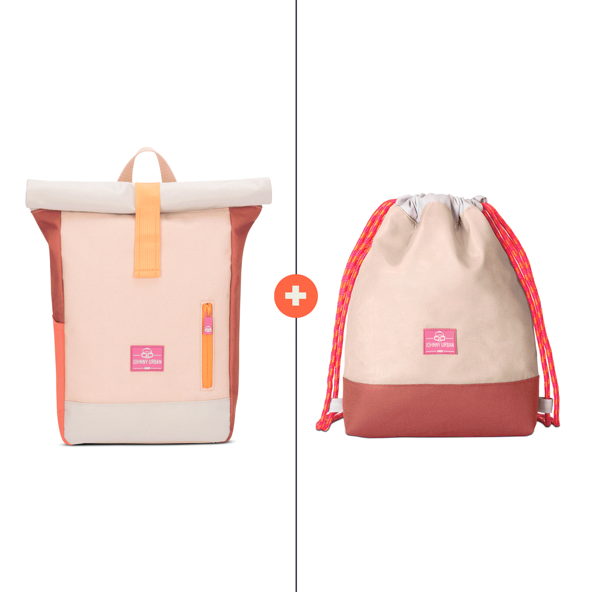 Verschiedene Kinderrucksäcke wechseln sich links durch und rechts wird der passende Kinder Turnbeutel in verschiedenen Farben gezeigt.