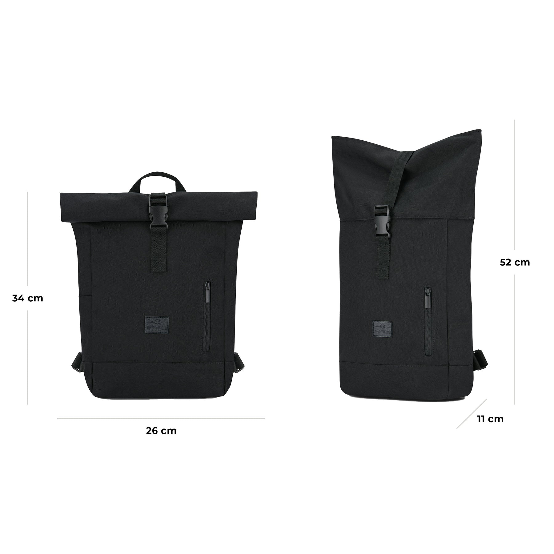 Schwarzer Rolltop-Rucksack 'Robin Small' von Johnny Urban, Maße 26x34x11 cm, vorne mit Reißverschlusstasche