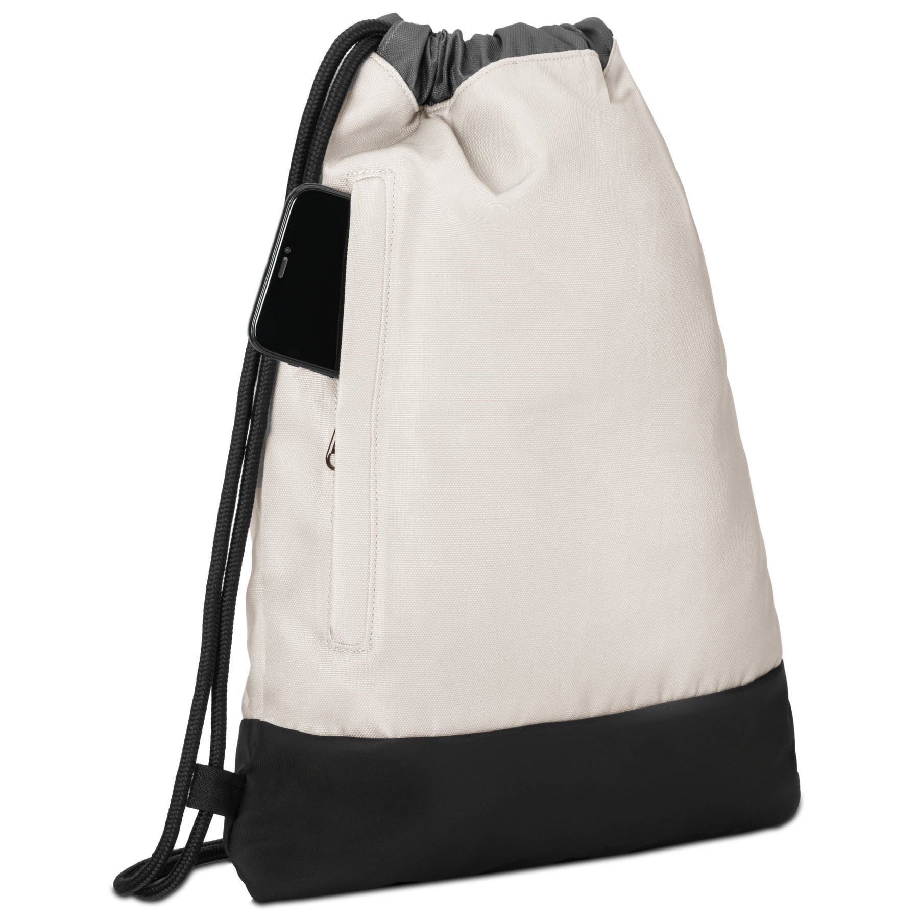 Turnbeutel 'Blake' von Johnny Urban in Beige mit schwarzem Boden und seitlicher Tasche, Smartphone steckend