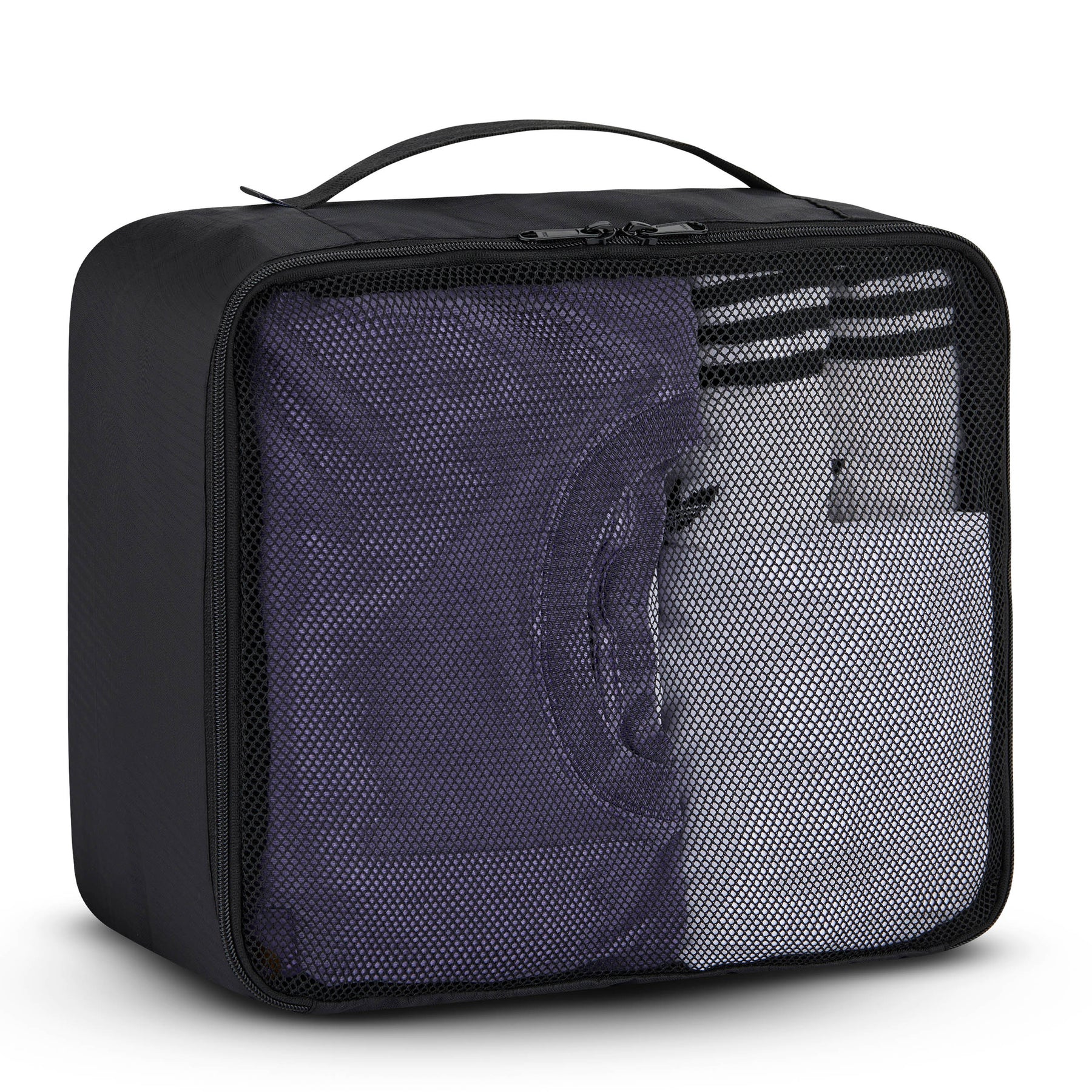 Schwarze Kleidertasche 'Zack' mit Netzfach und Griff, Kleidungsstücke sichtbar