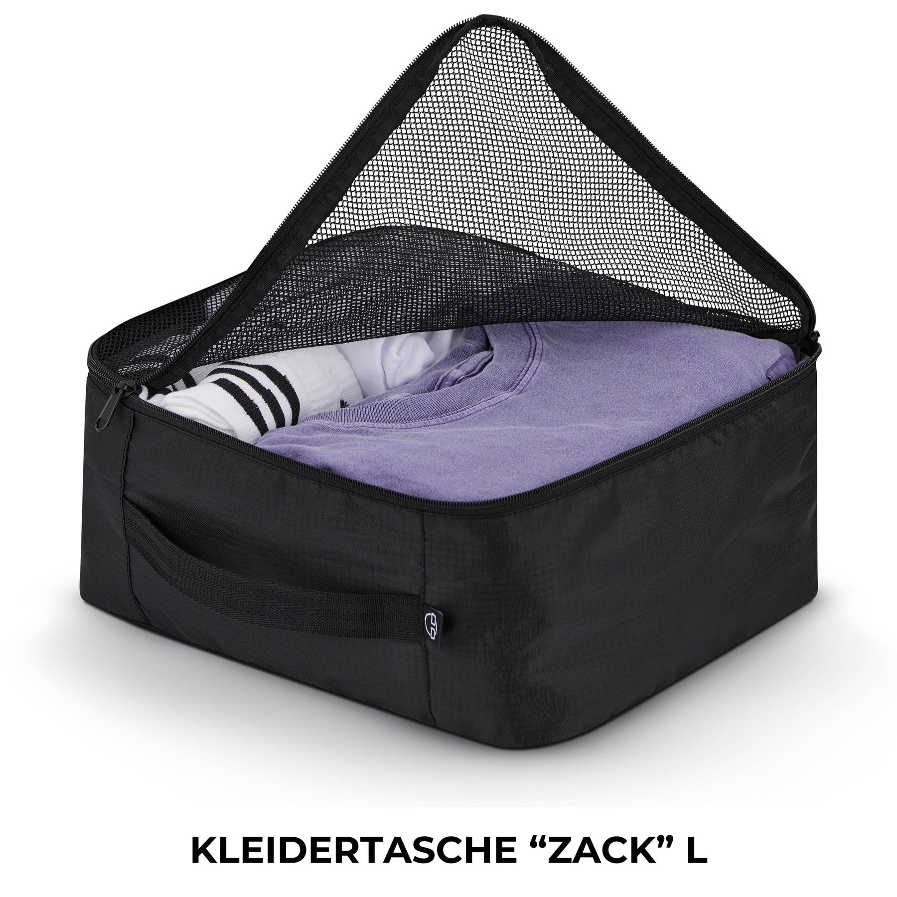 Schwarze Kleidertasche 'Zack' L von Johnny Urban mit Mesh-Oberseite, gefüllt mit gefalteter Kleidung