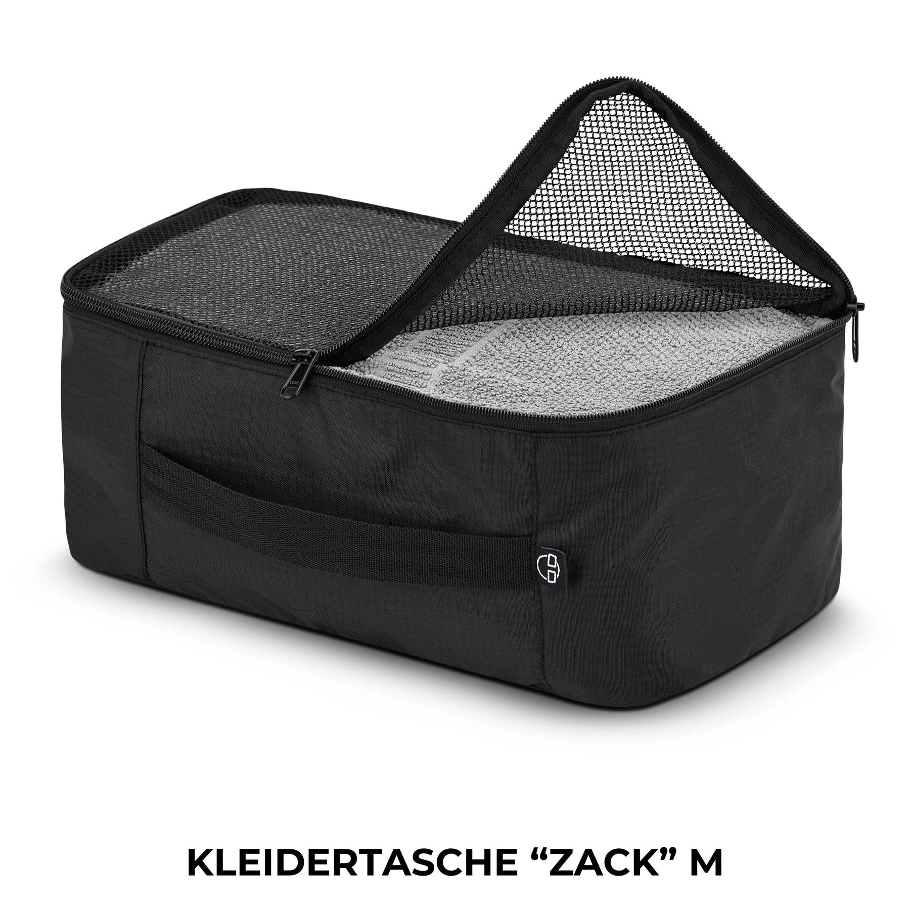 Schwarze Kleidertasche 'Zack' M von Johnny Urban mit halb geöffnetem Reißverschluss und Netzfach