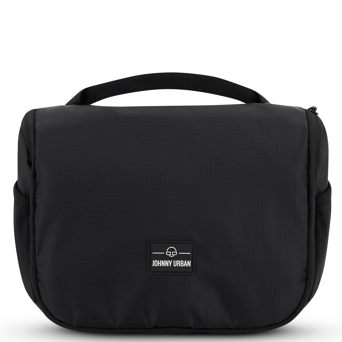 Schwarze Kulturtasche 'Logan' von Johnny Urban mit Griff oben und Markenlogo vorne