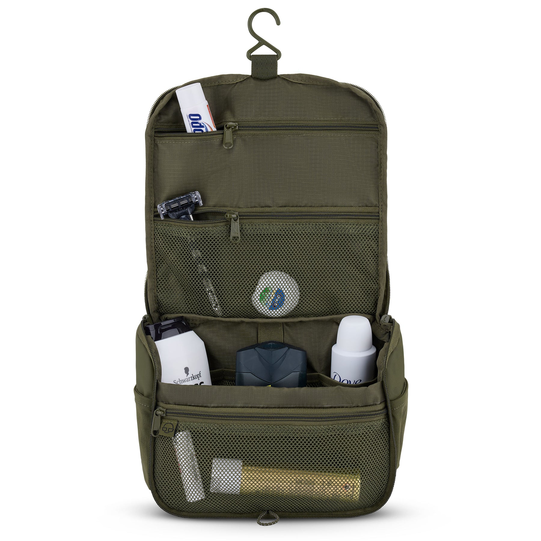 Olivefarbene Kulturtasche 'Logan' mit Haken, geöffnet und mit Toilettenartikeln gefüllt
