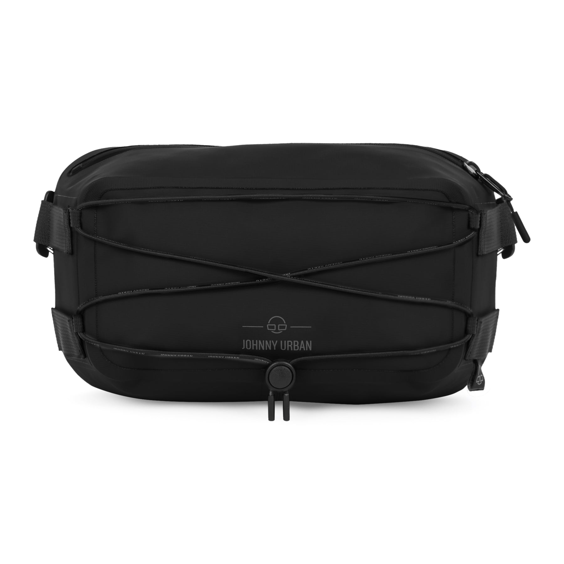 Schwarze, wasserdichte Lenkertasche 'Arlo' von Johnny Urban mit einem elastischen Kreuzband vorne